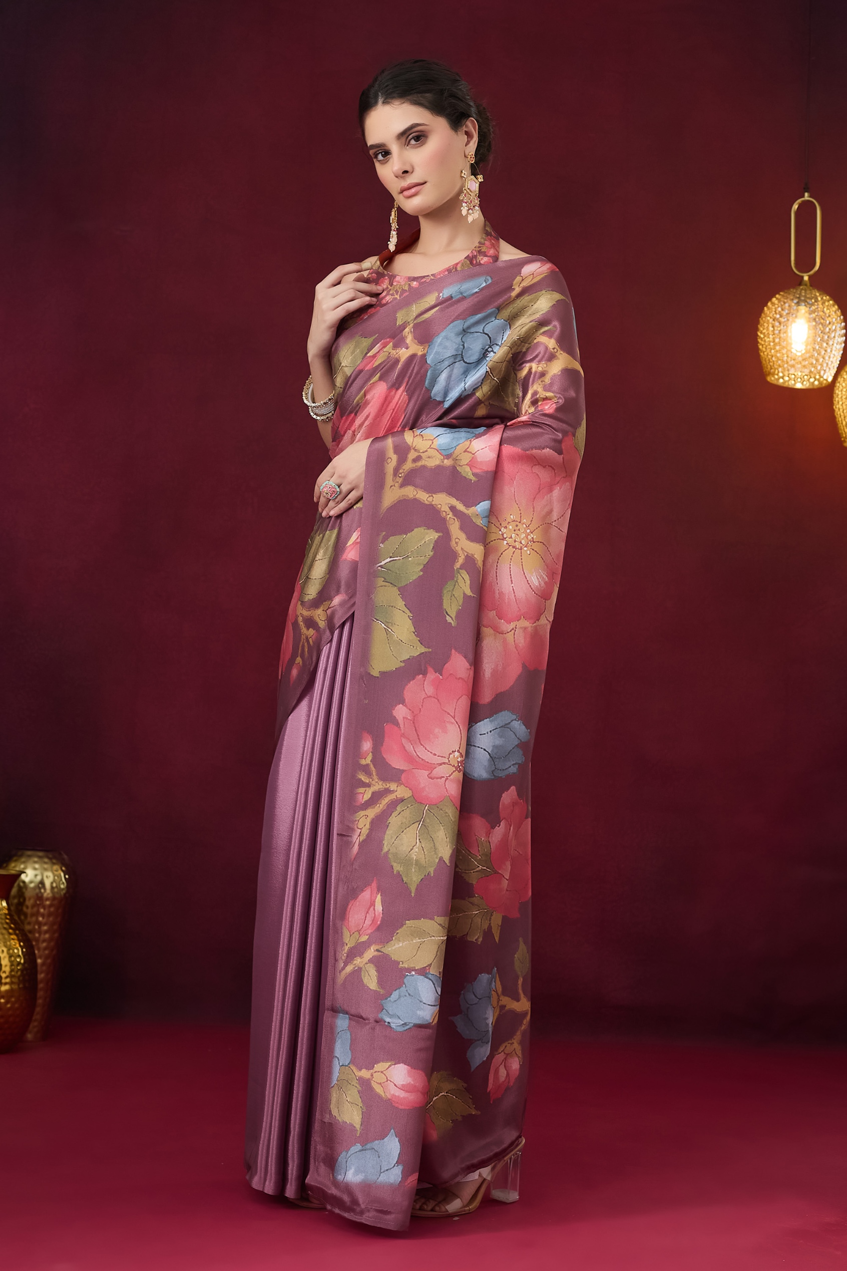 Wine Floral Print Ready To Wear Saree