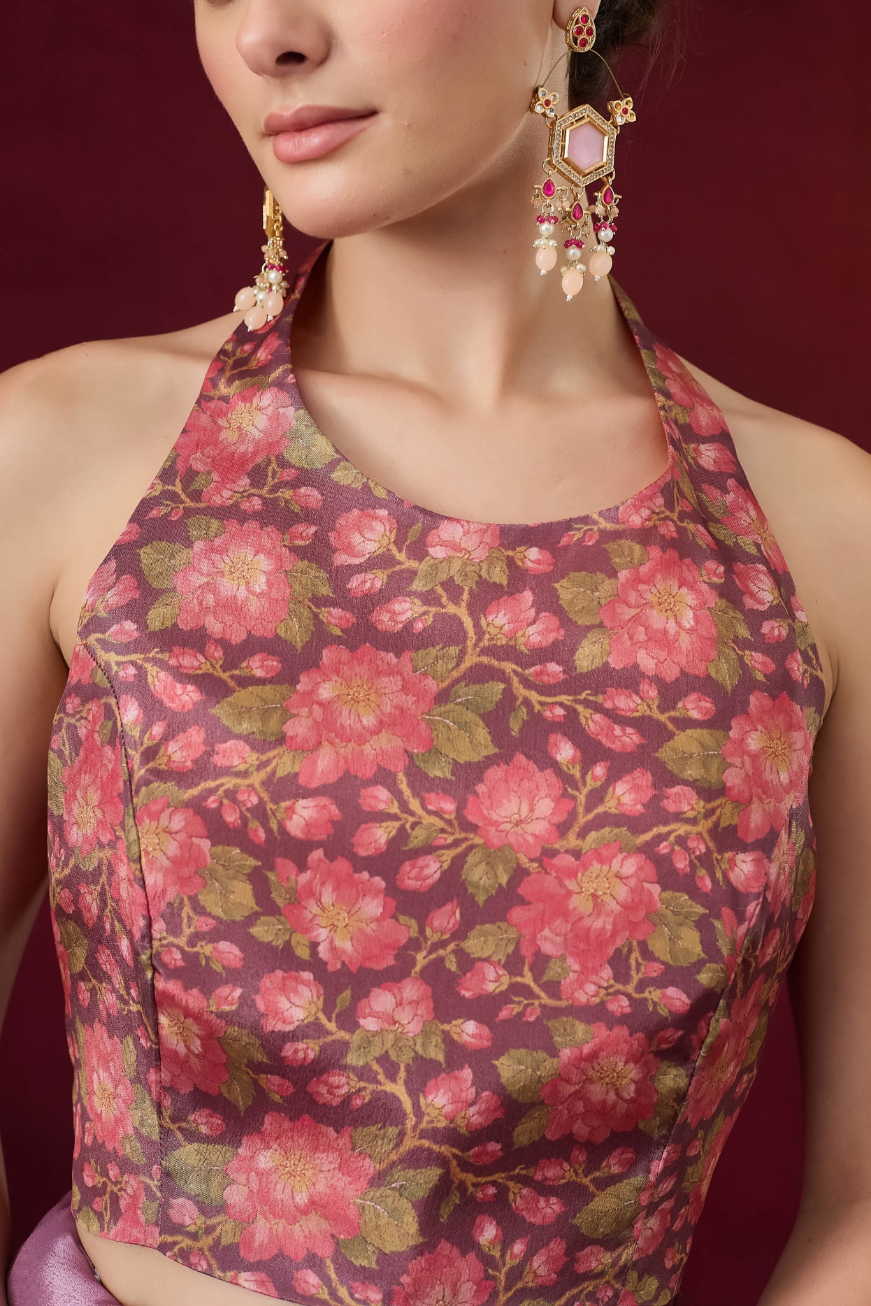 Wine Floral Print Ready To Wear Saree