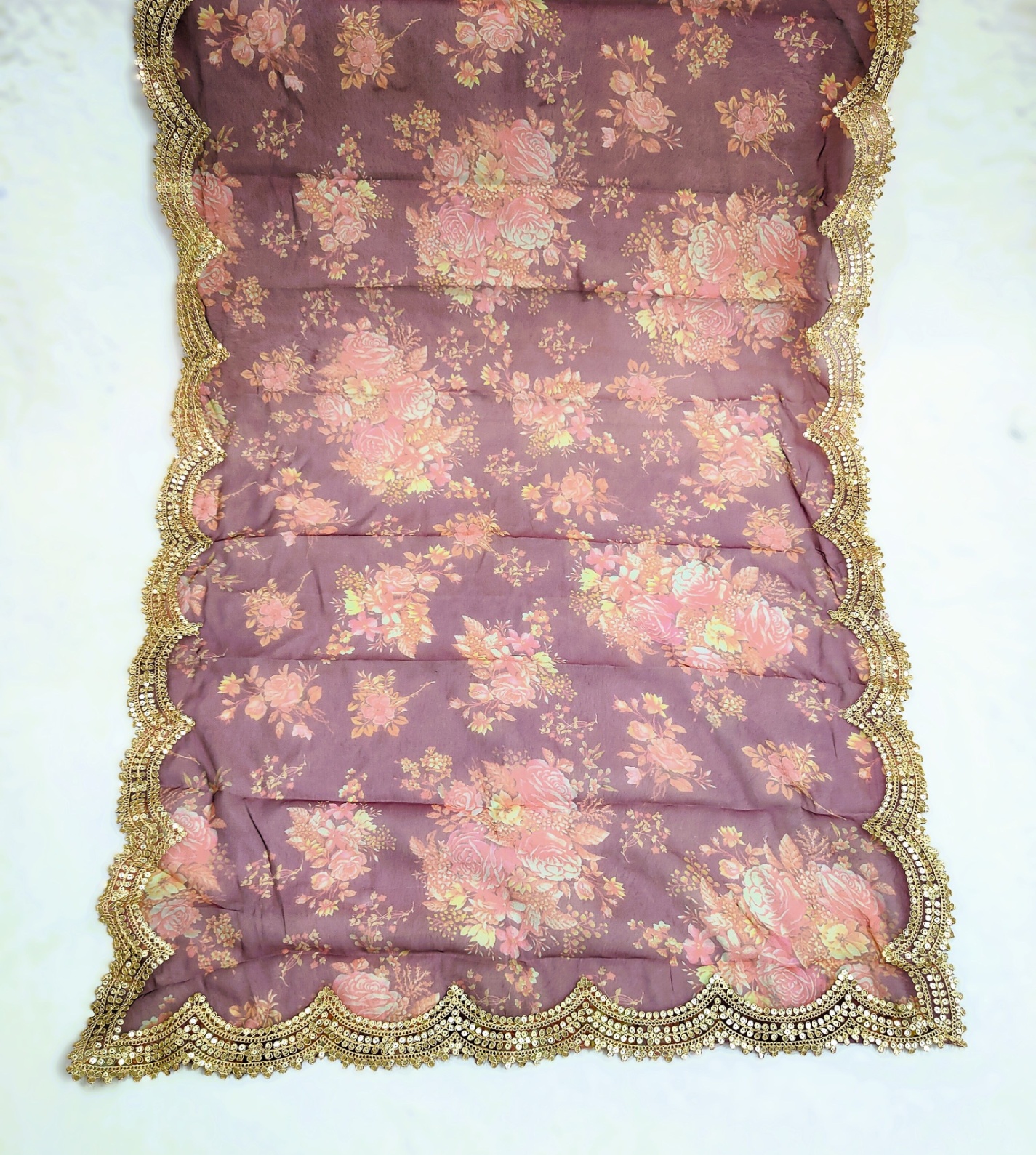 Wine Floral Printed Art Silk Dupatta