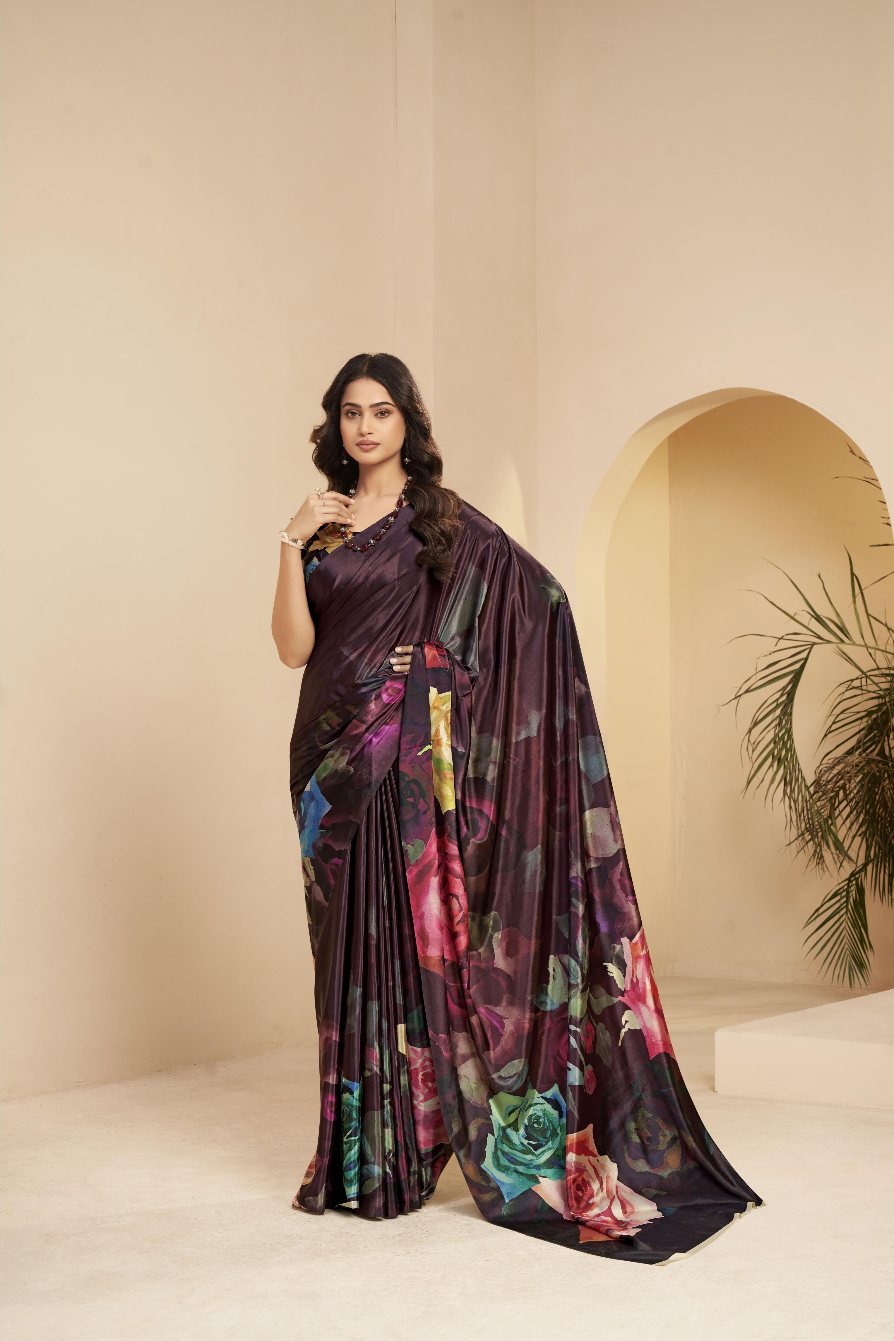 Wine Floral Printed Malai Crepe Silk Saree