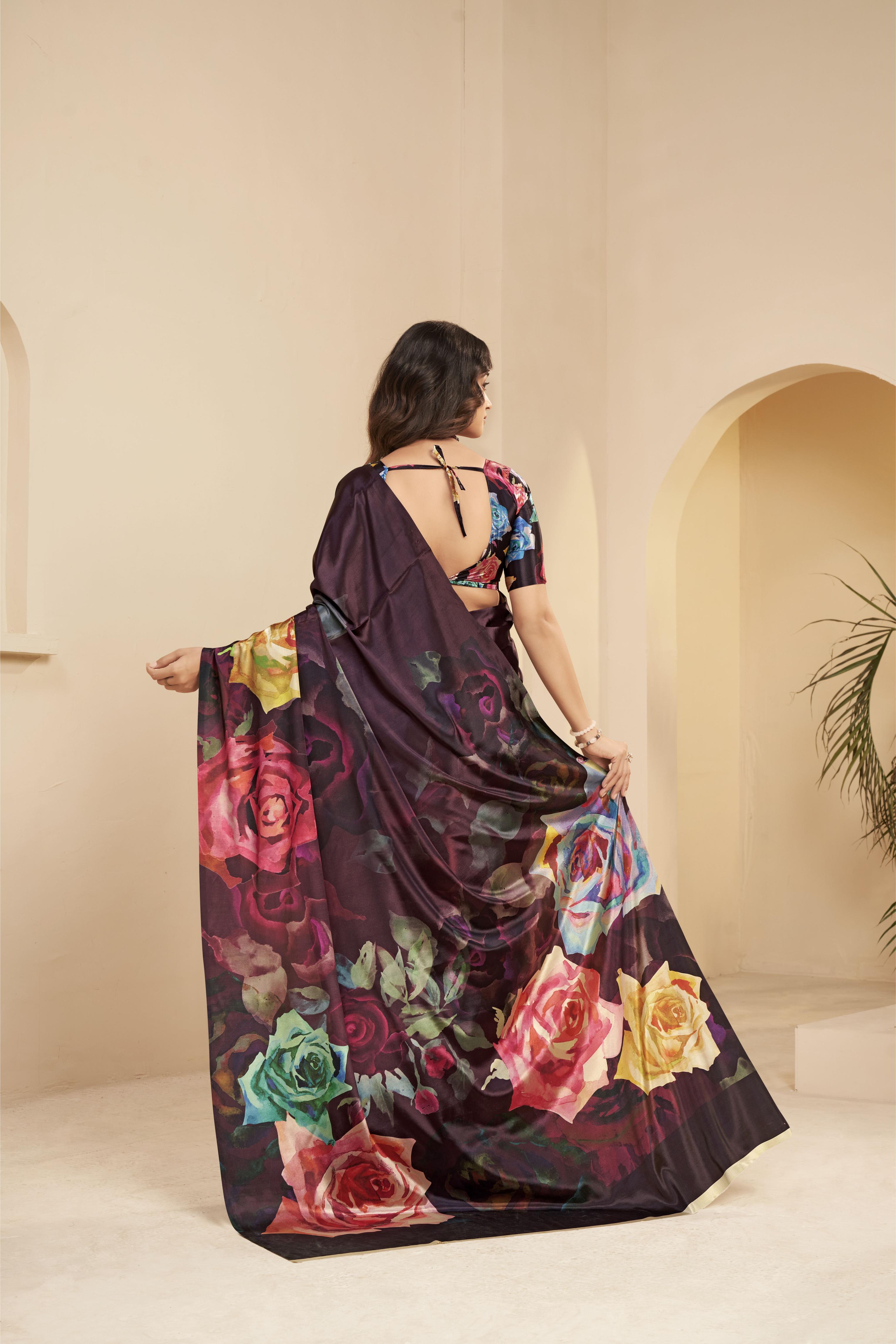 Wine Floral Printed Malai Crepe Silk Saree — alternate view