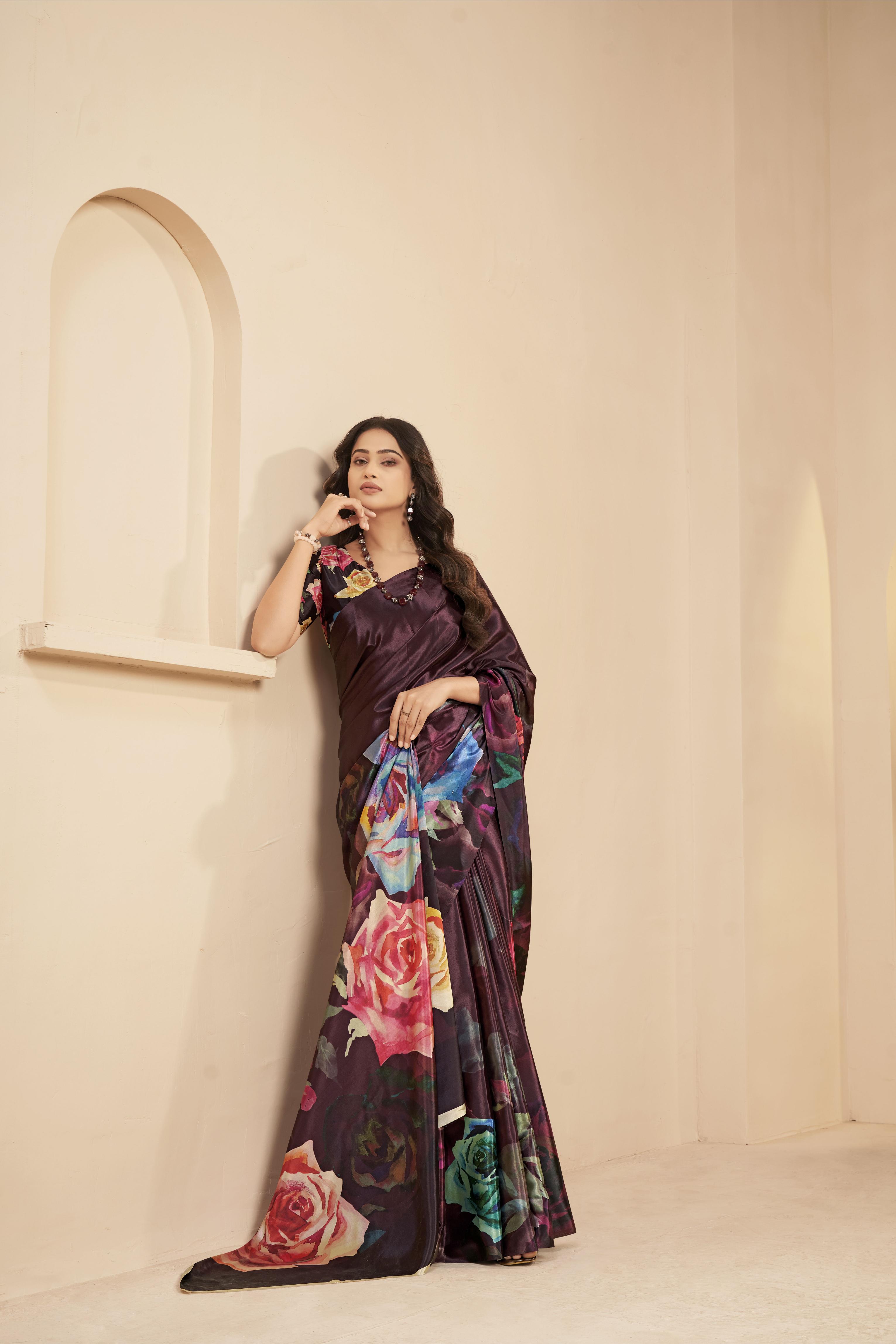 Wine Floral Printed Malai Crepe Silk Saree