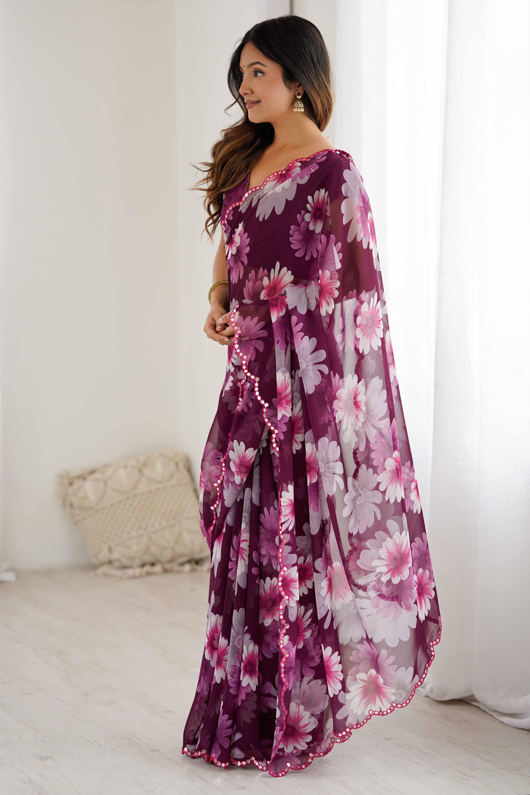 Wine Floral Printed Mirror Cut Work Georgette Saree