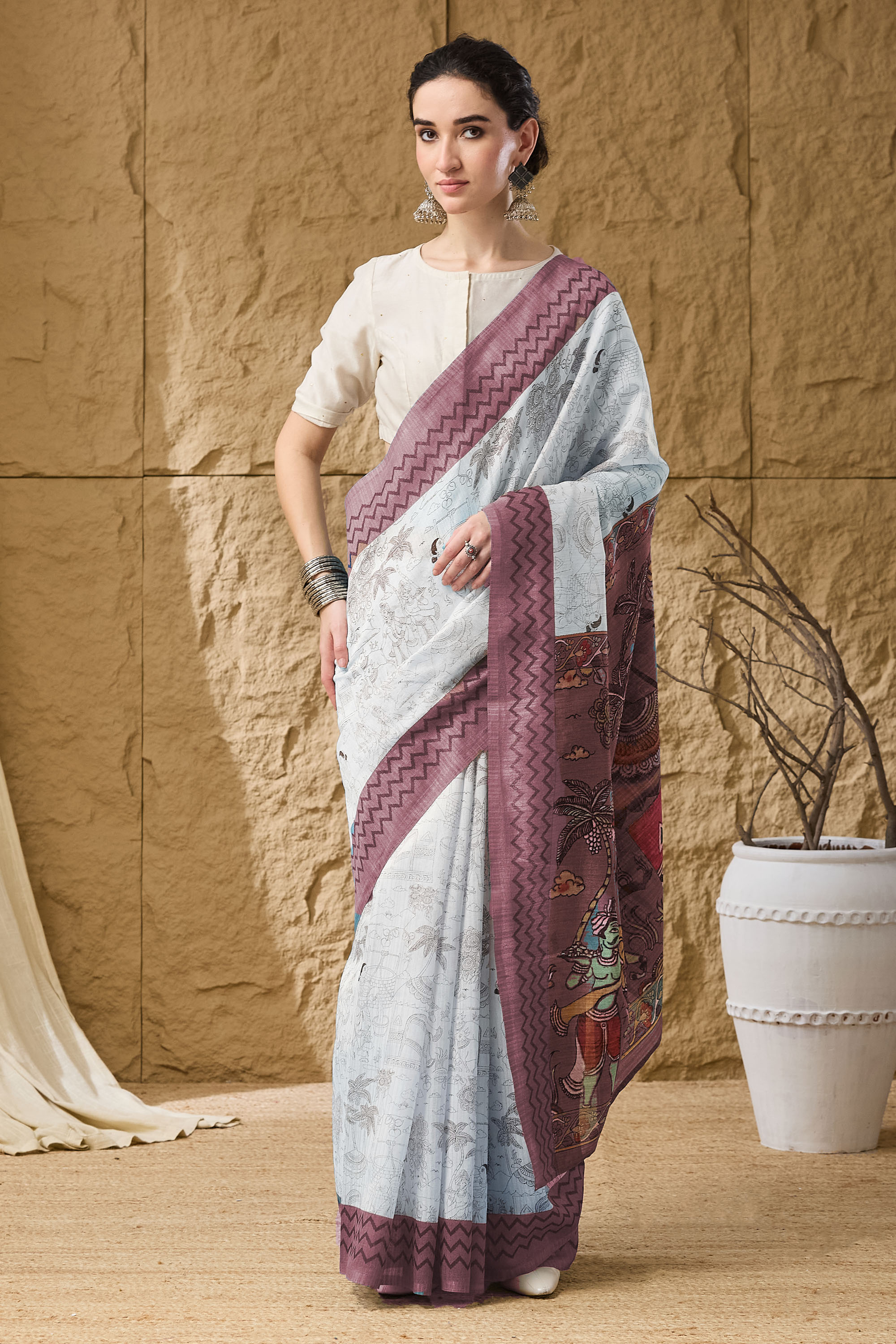 Wine Floral Printed Silk Ready To Wear Saree