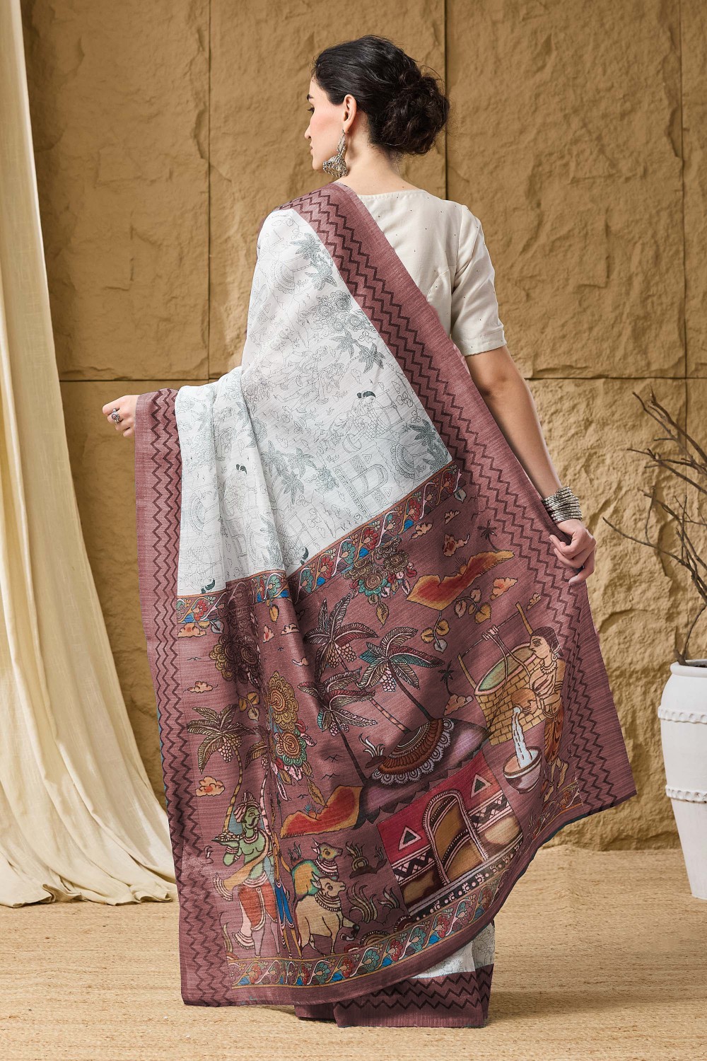 Wine Floral Printed Silk Ready To Wear Saree — alternate view