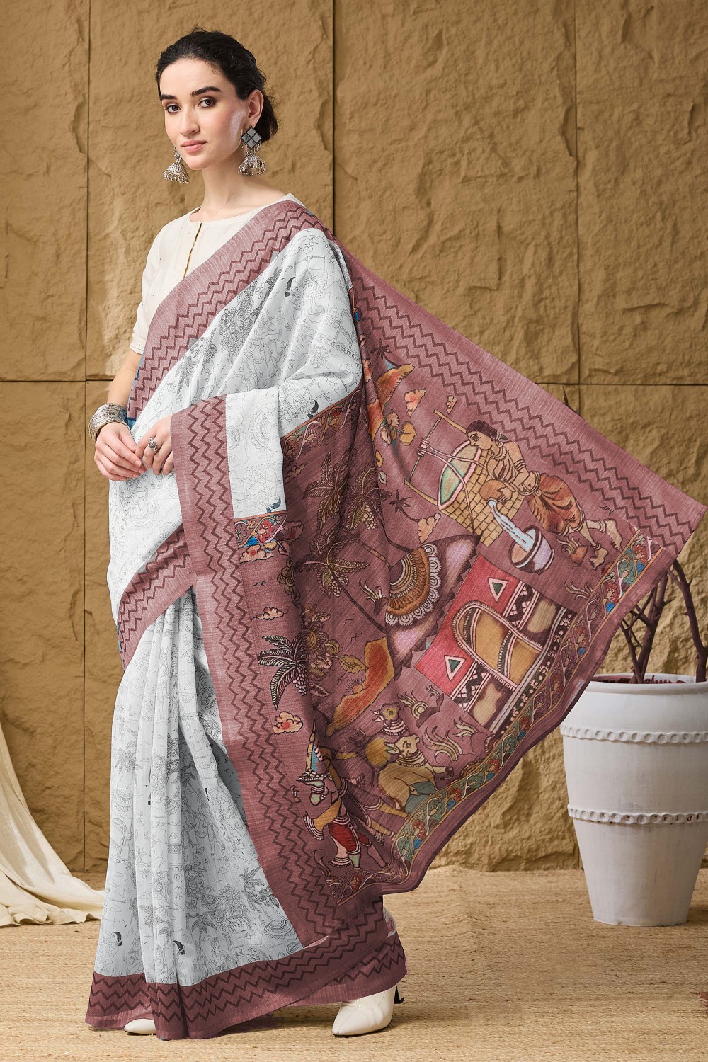 Wine Floral Printed Silk Ready To Wear Saree