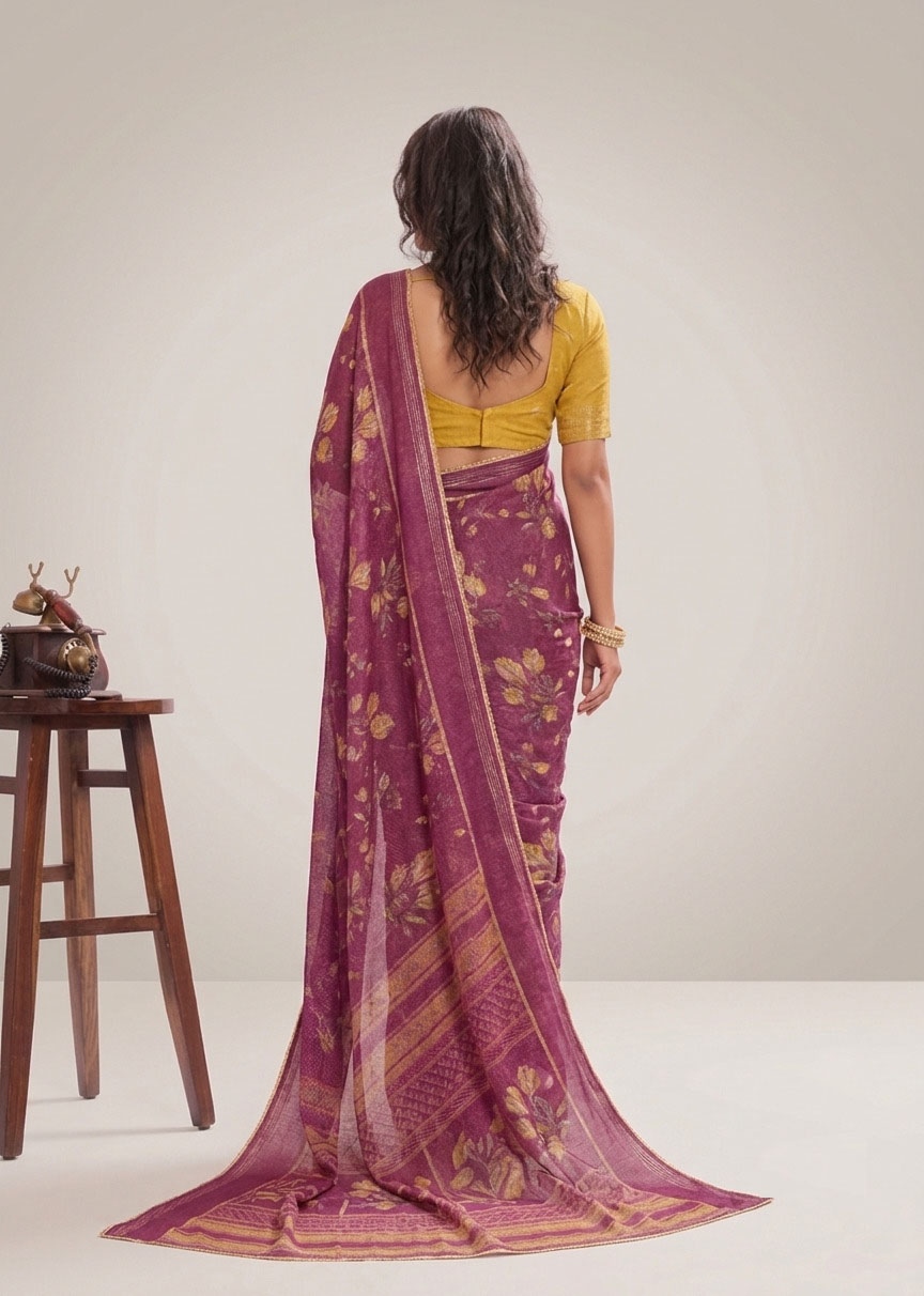 Wine Floral Printed Work Georgette Saree — alternate view