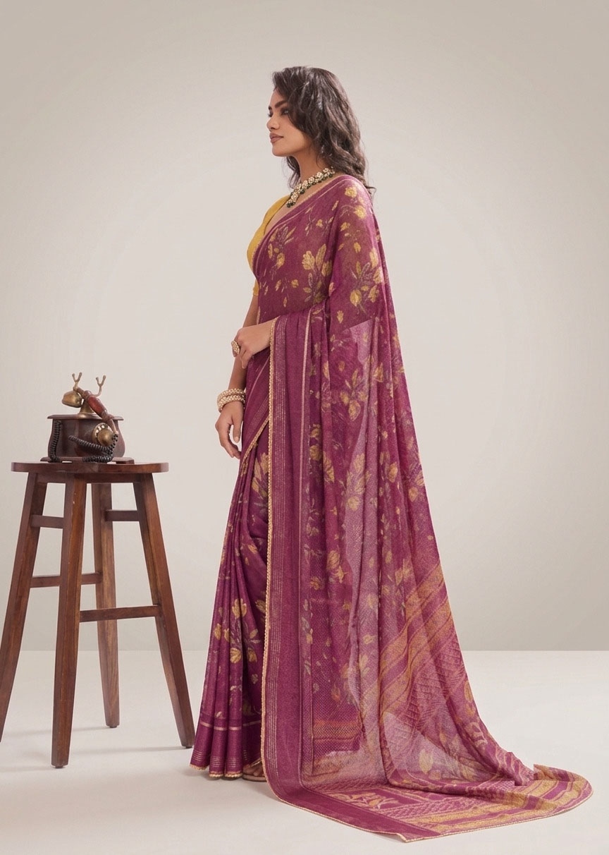 Wine Floral Printed Work Georgette Saree