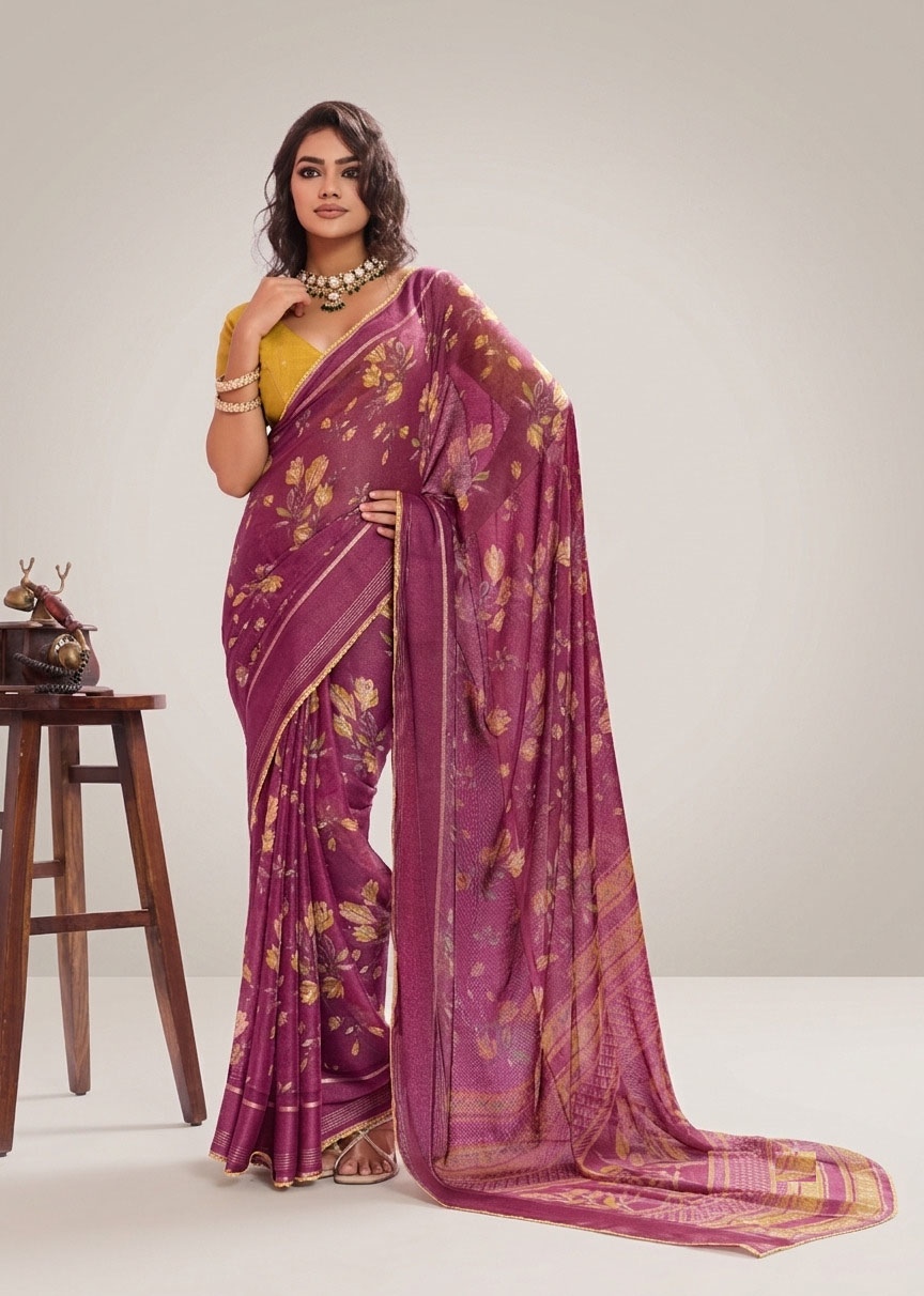 Wine Floral Printed Work Georgette Saree