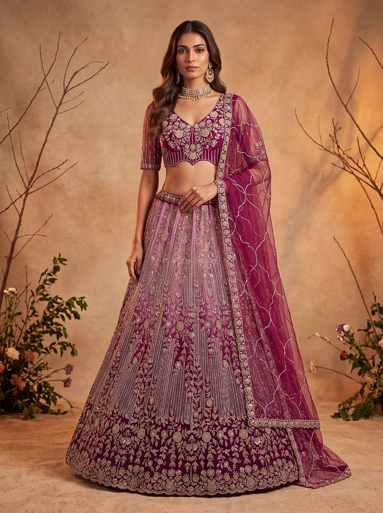 Wine Floral Sequined Net Scalloped Lehenga Choli