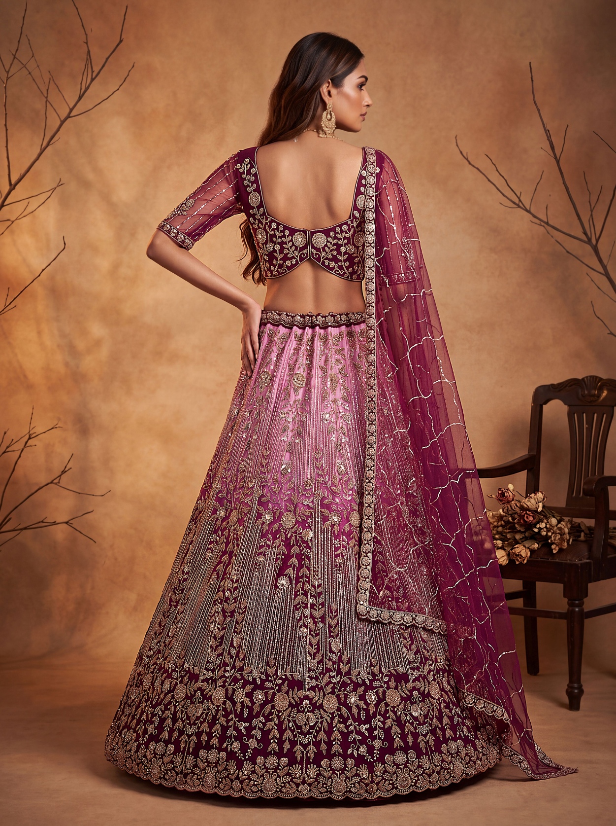 Wine Floral Sequined Net Scalloped Lehenga Choli — alternate view