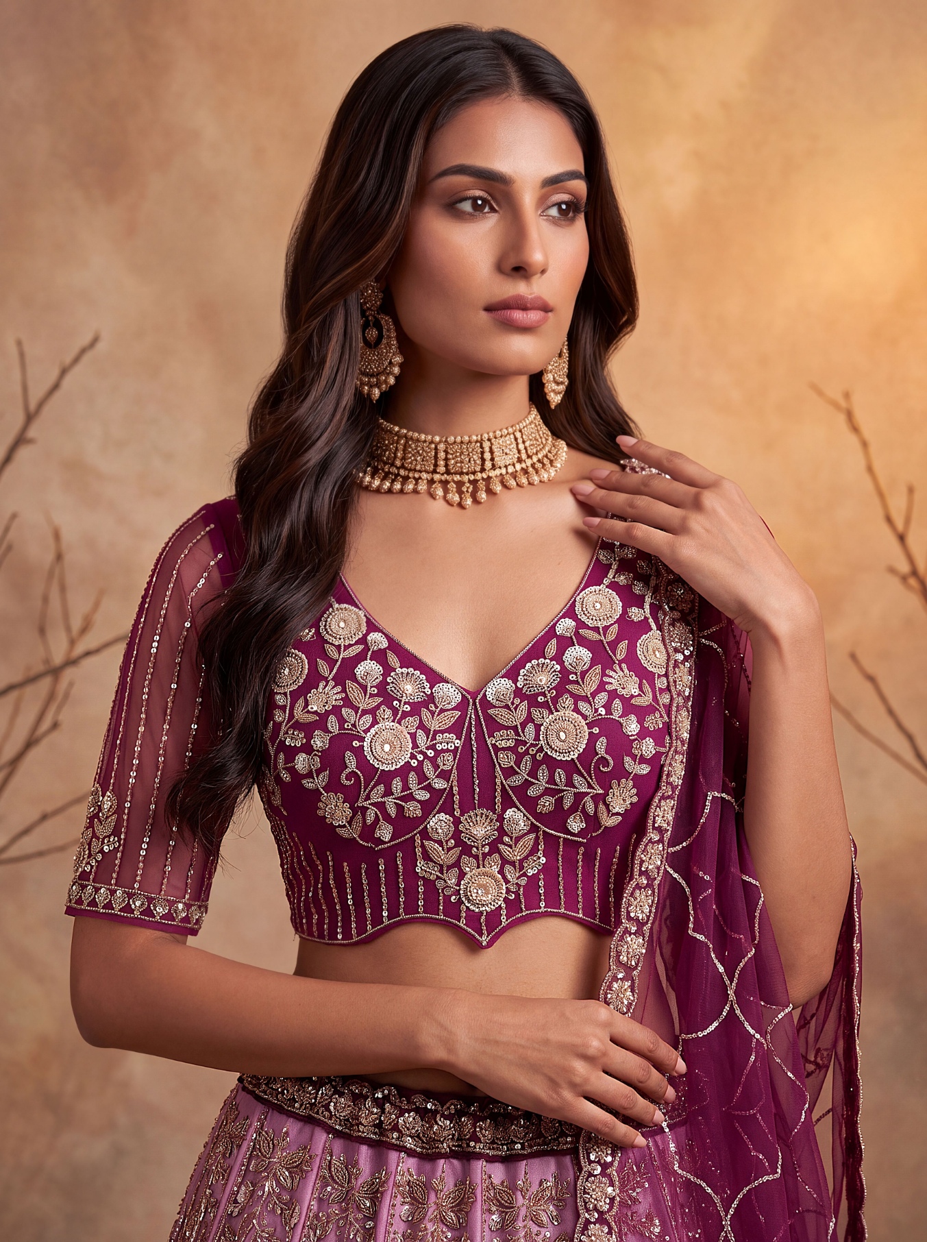 Wine Floral Sequined Net Scalloped Lehenga Choli