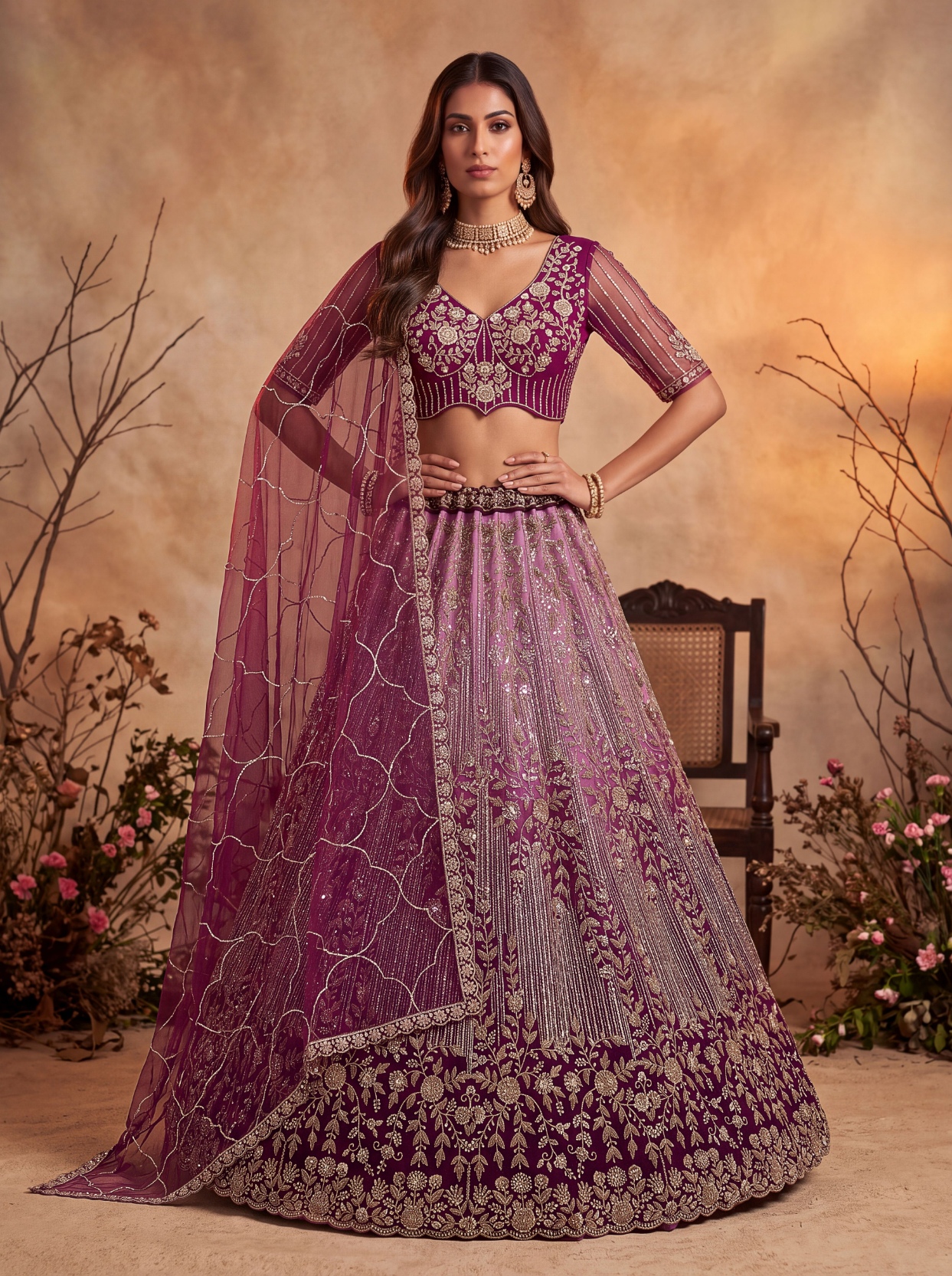 Wine Floral Sequined Net Scalloped Lehenga Choli