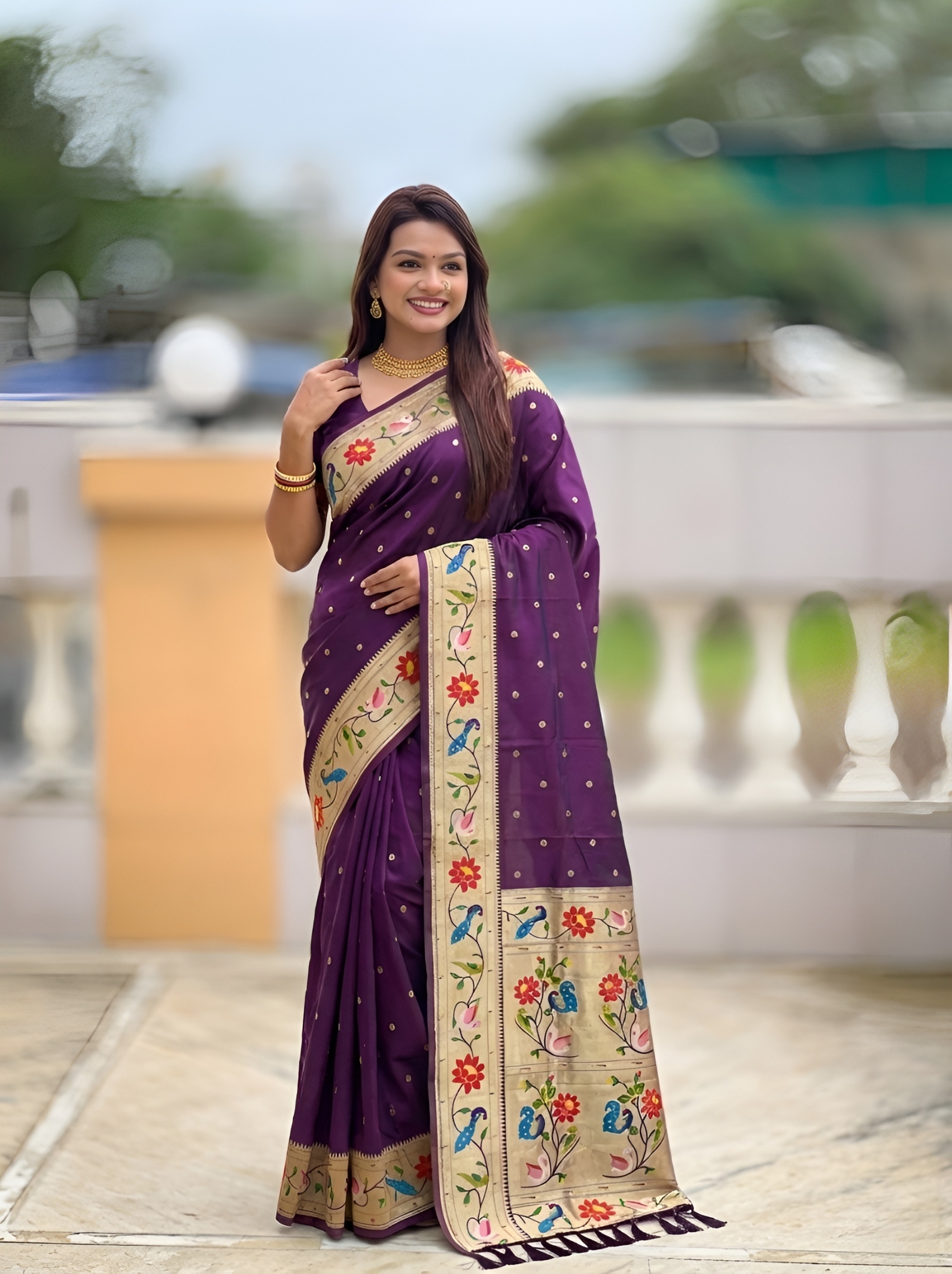 Wine Floral Woven Silk Saree