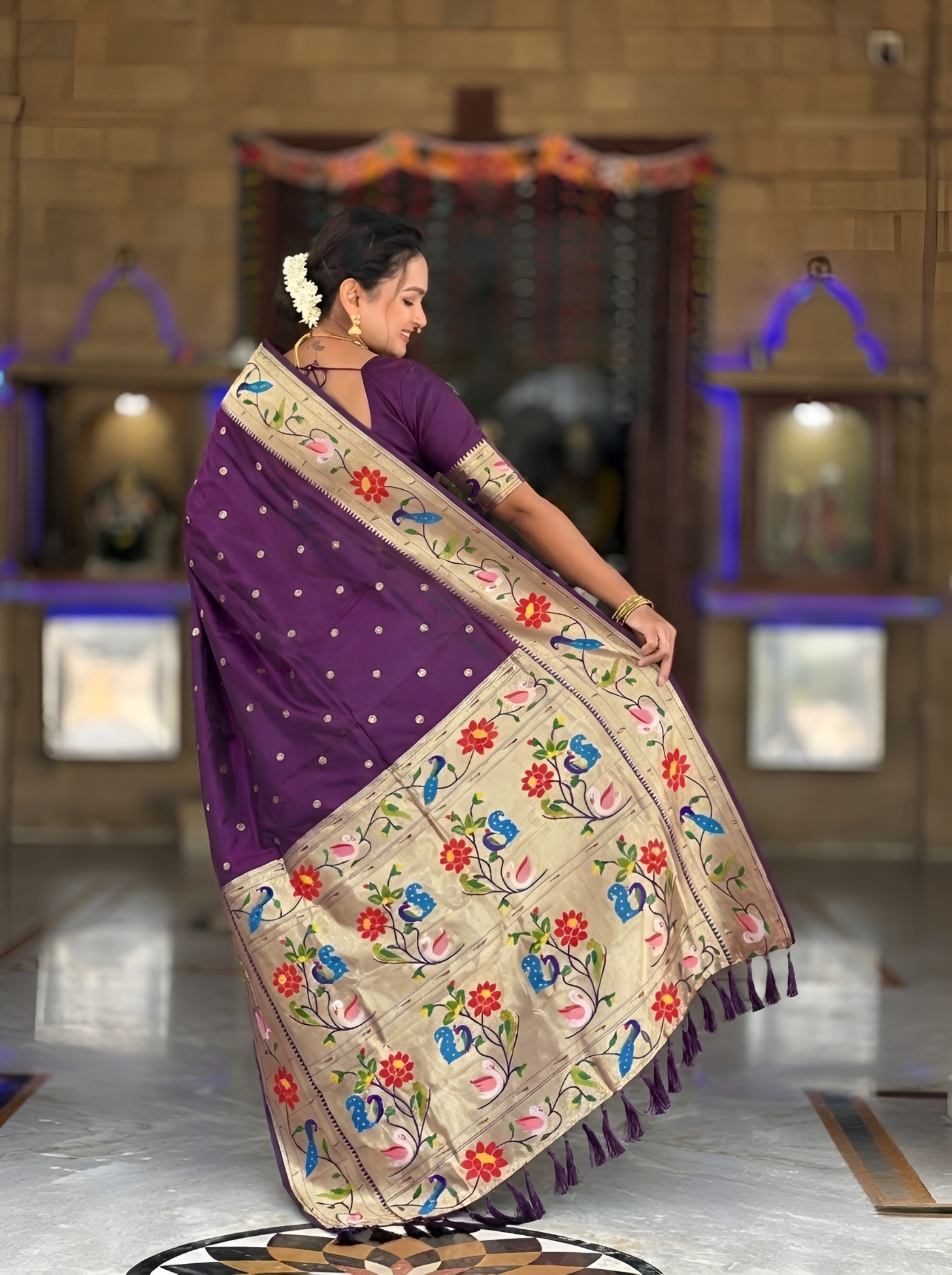 Wine Floral Woven Silk Saree — alternate view