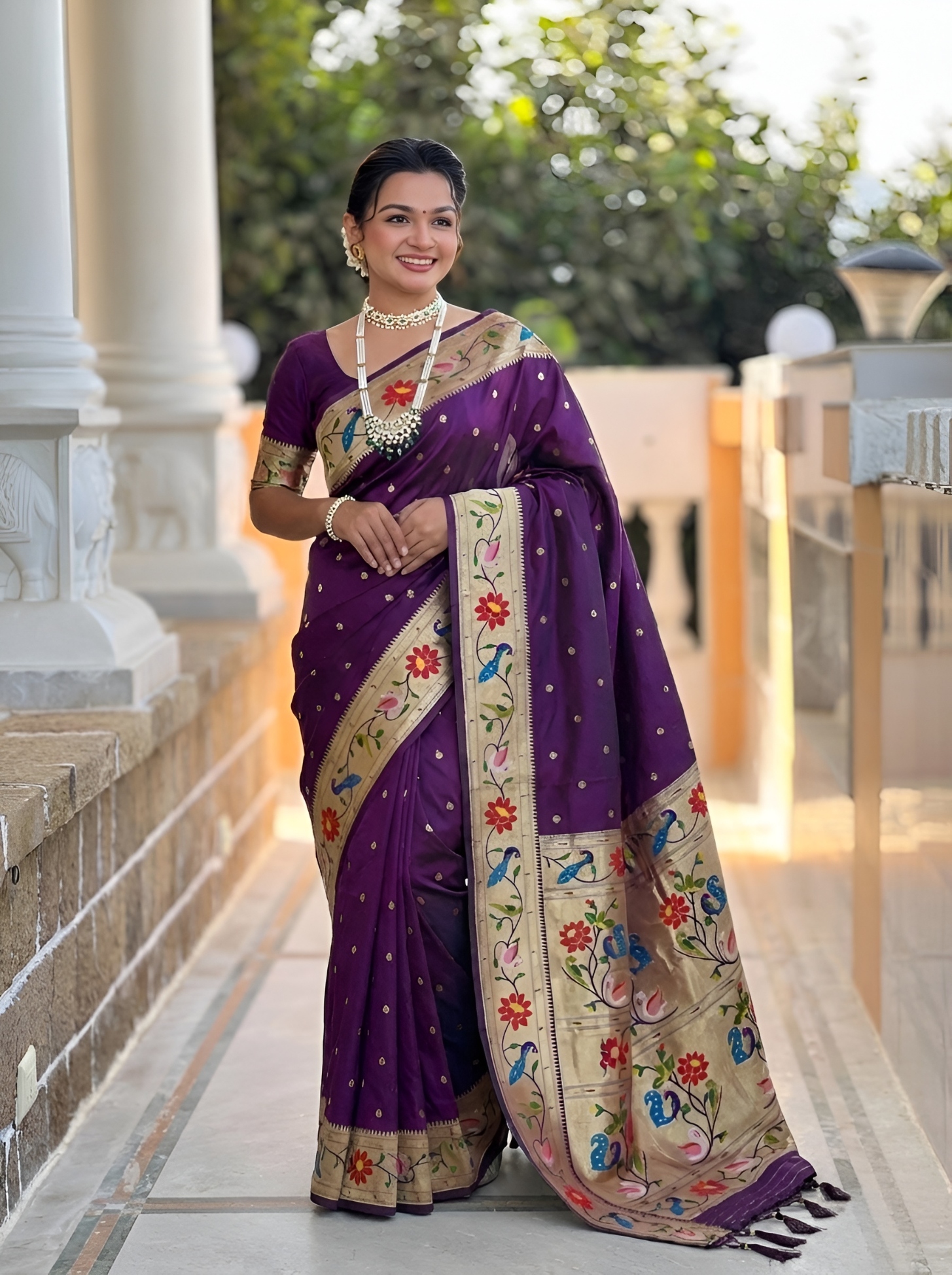 Wine Floral Woven Silk Saree