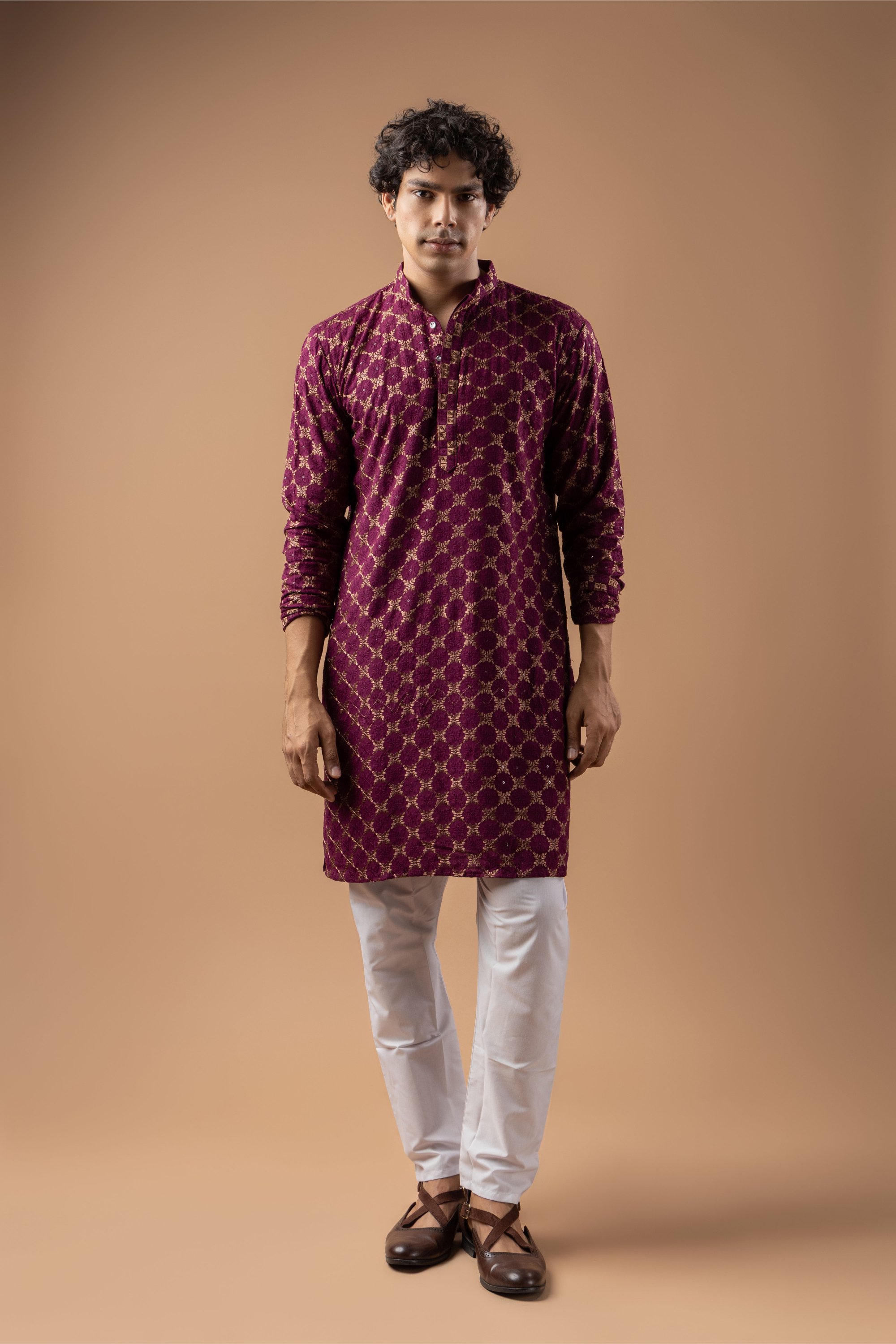 Wine Geometric Embroidery Rayon Kurta Pyjama