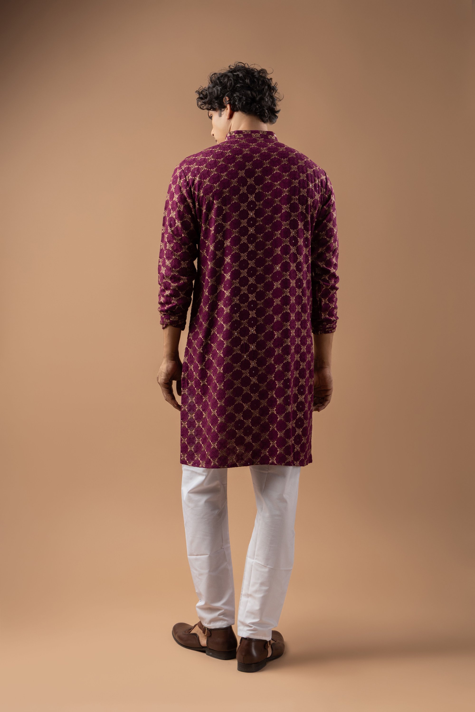 Wine Geometric Embroidery Rayon Kurta Pyjama — alternate view