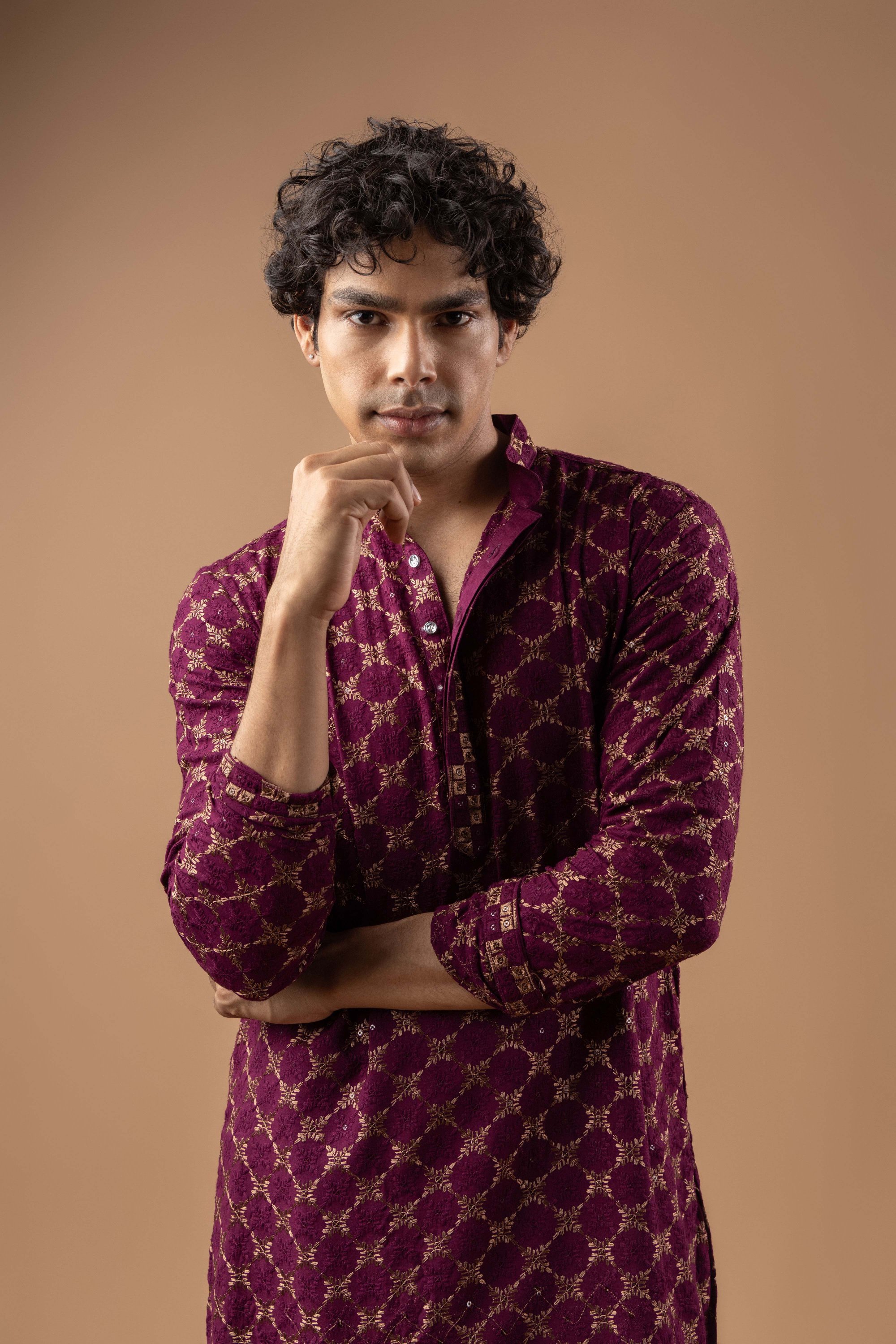 Wine Geometric Embroidery Rayon Kurta Pyjama