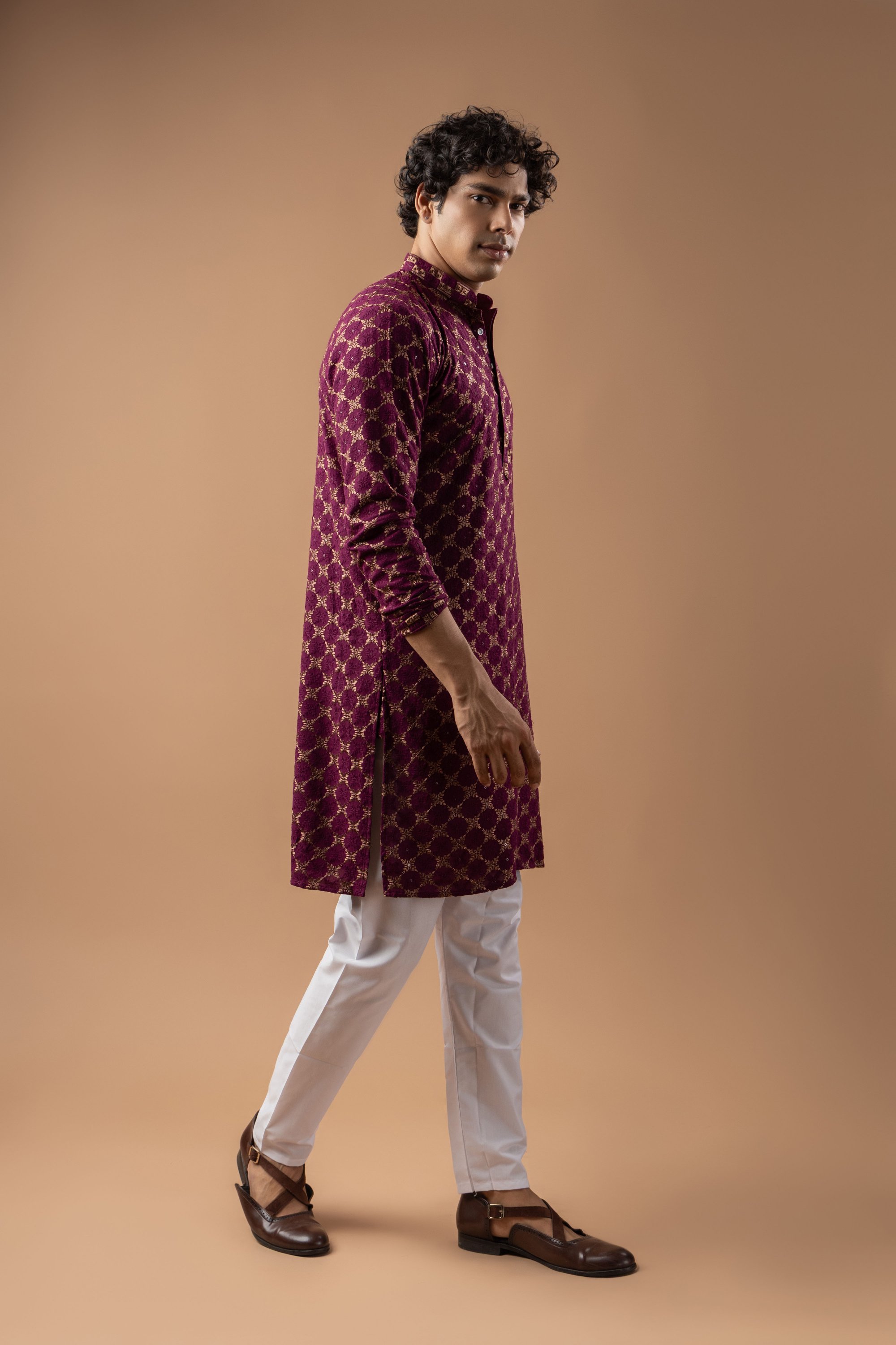 Wine Geometric Embroidery Rayon Kurta Pyjama