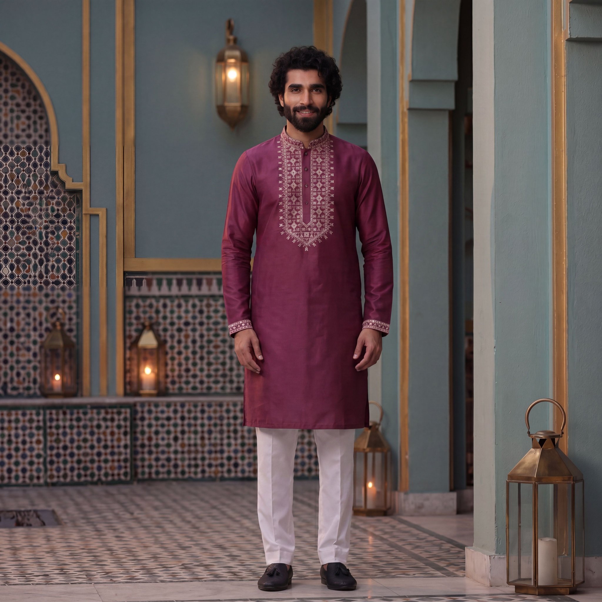 Wine Geometric Embroidery Roman Silk Kurta Pyjama