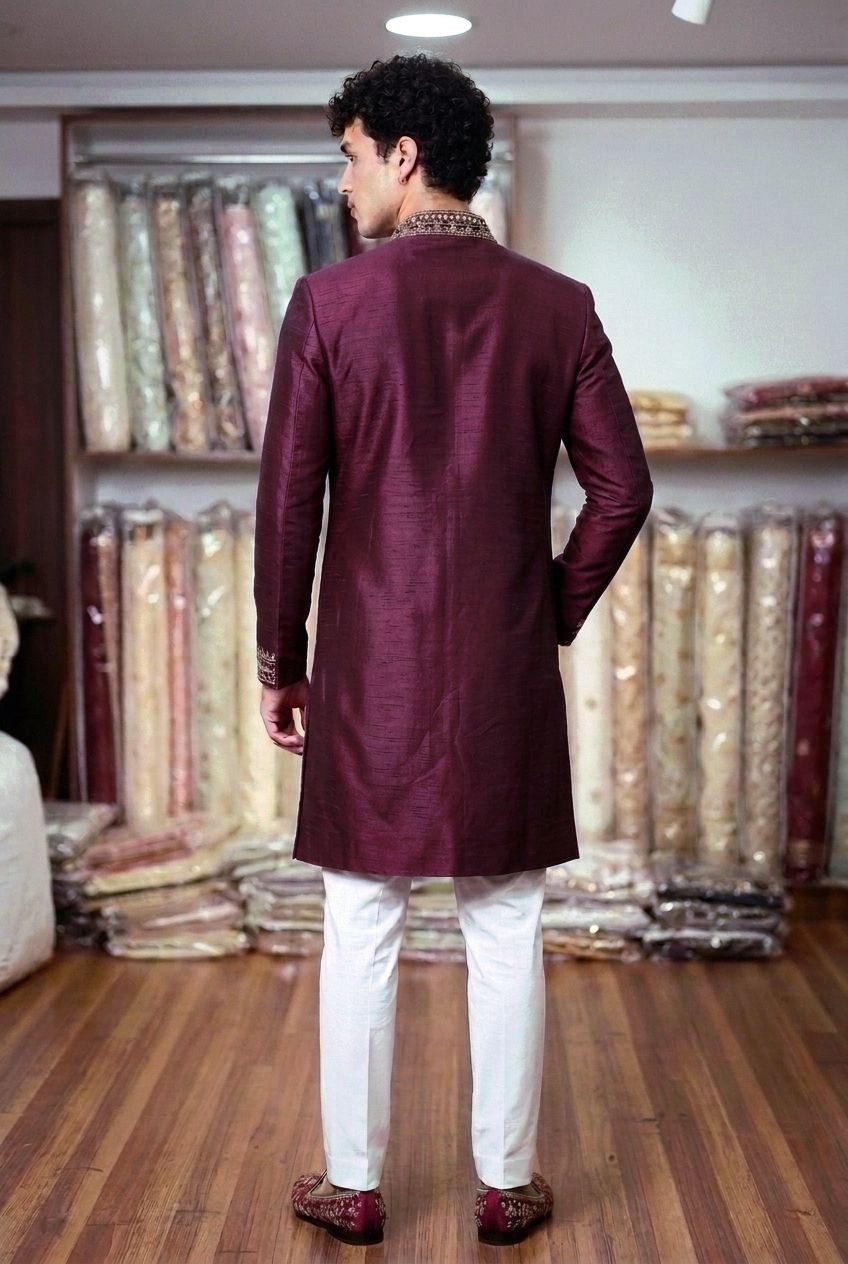 Wine Geometric Embroidery Roman Silk Kurta Pyjama — alternate view