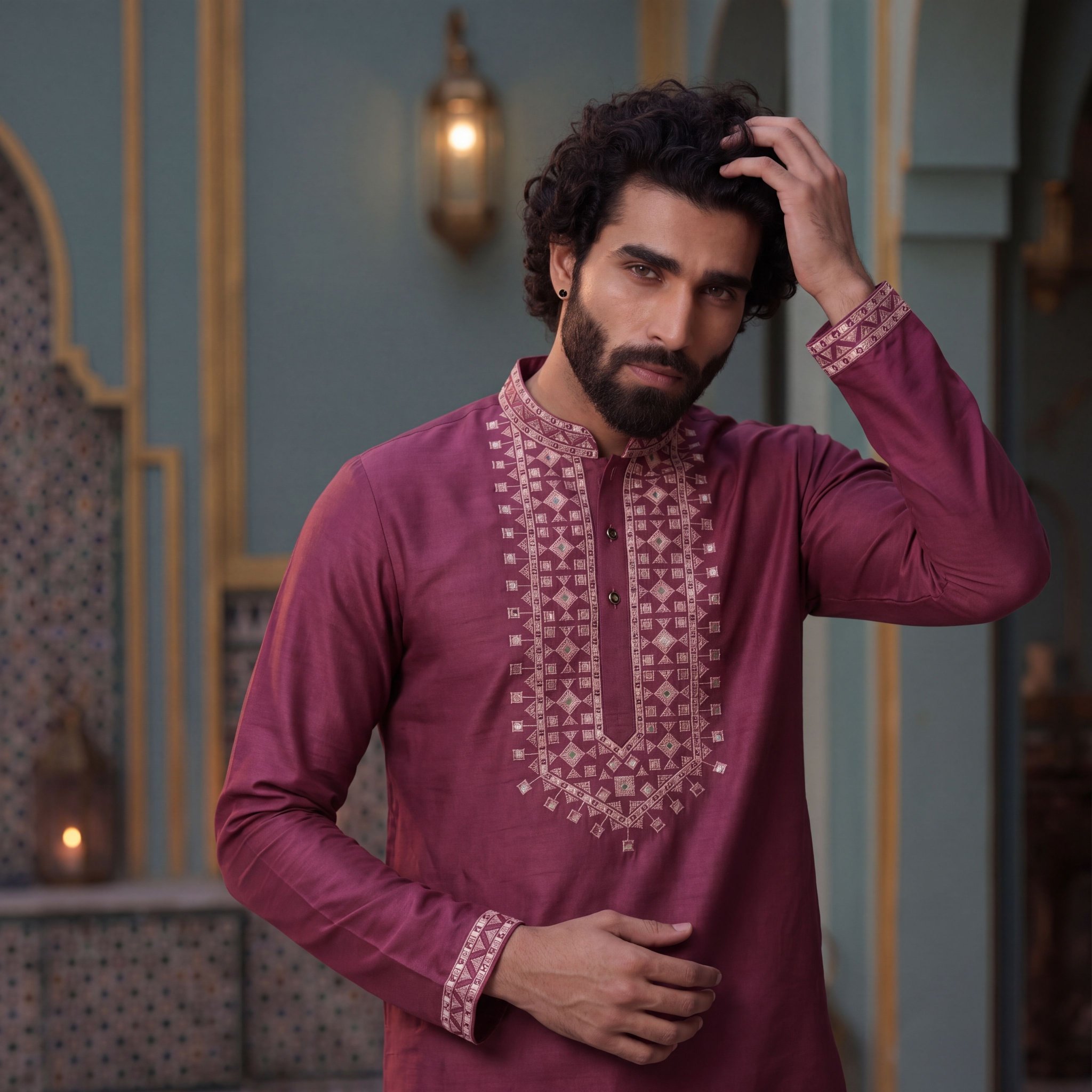 Wine Geometric Embroidery Roman Silk Kurta Pyjama