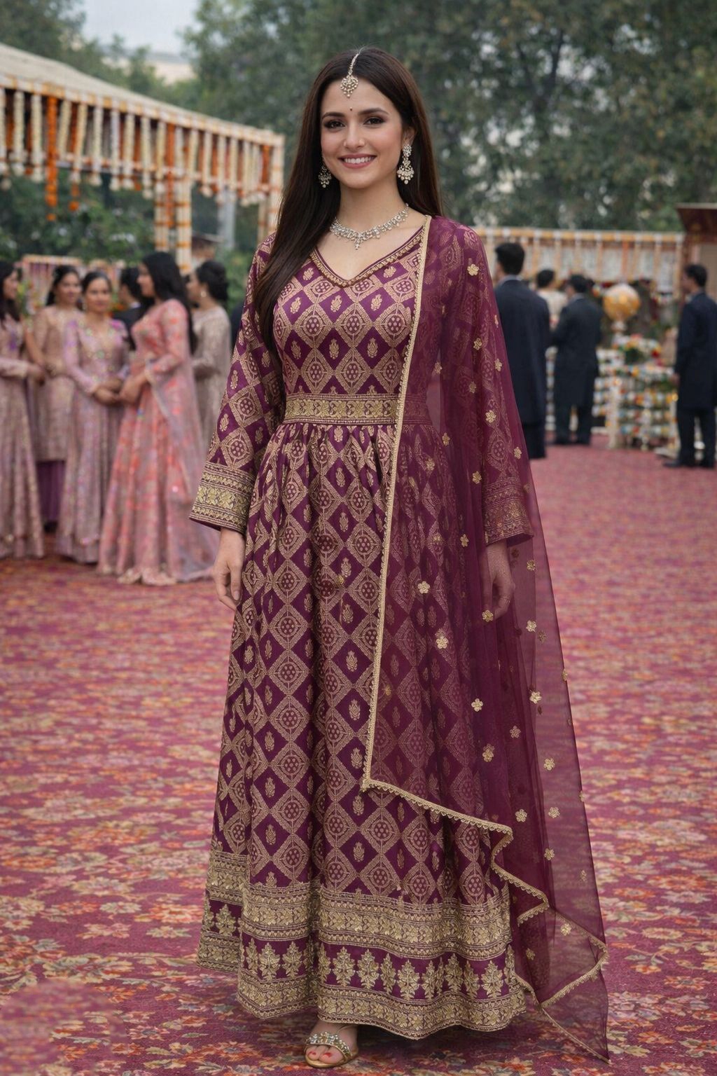 Wine Geometric Woven Embroidery Viscose Anarkali Gown