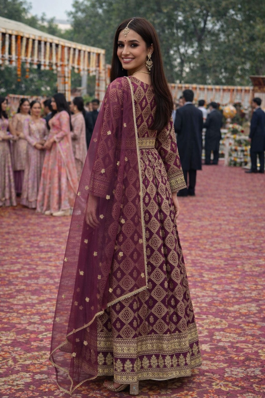 Wine Geometric Woven Embroidery Viscose Anarkali Gown — alternate view