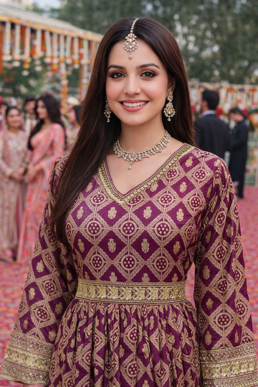 Wine Geometric Woven Embroidery Viscose Anarkali Gown