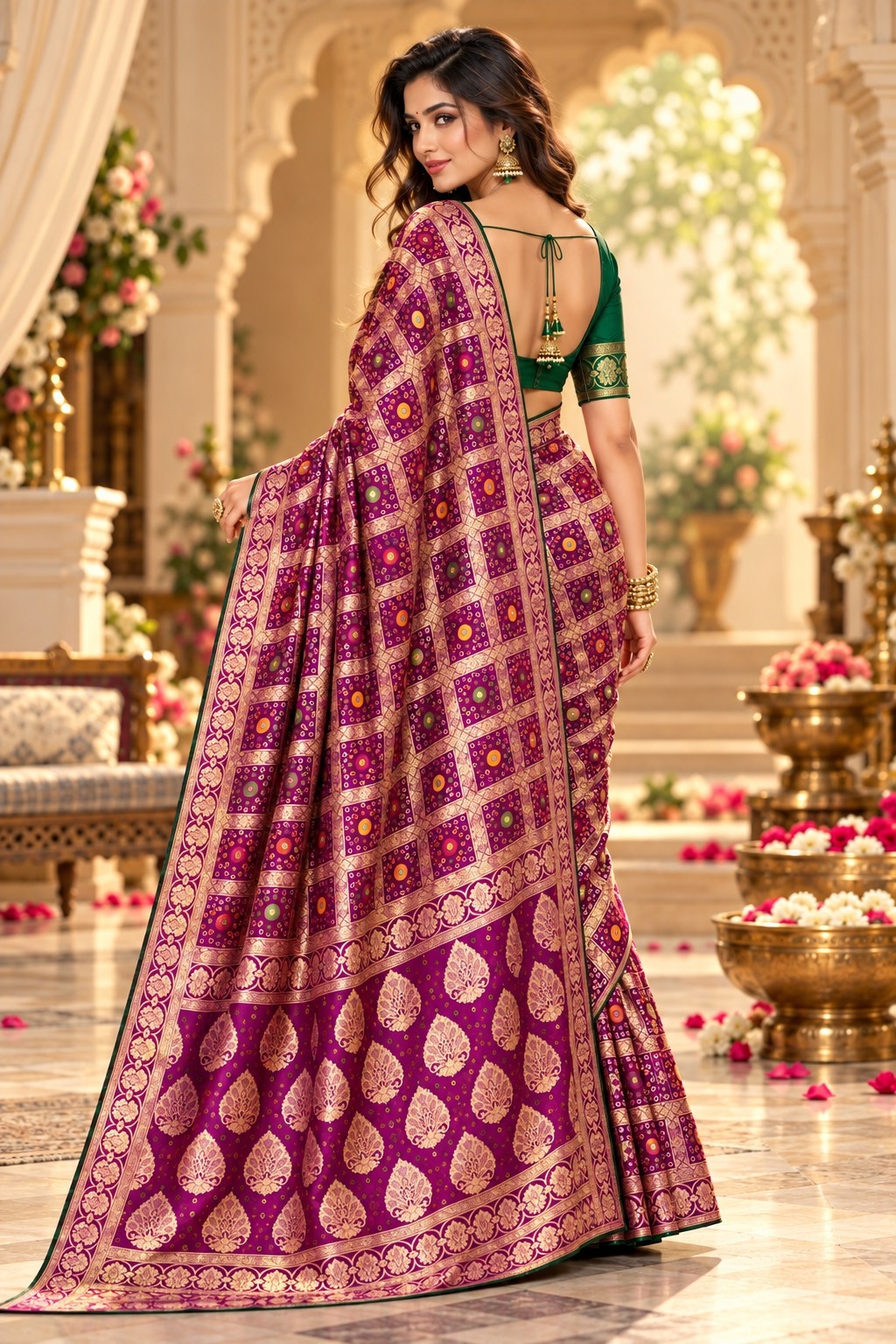 Wine Geometric Woven Zari Satin Silk Saree — alternate view