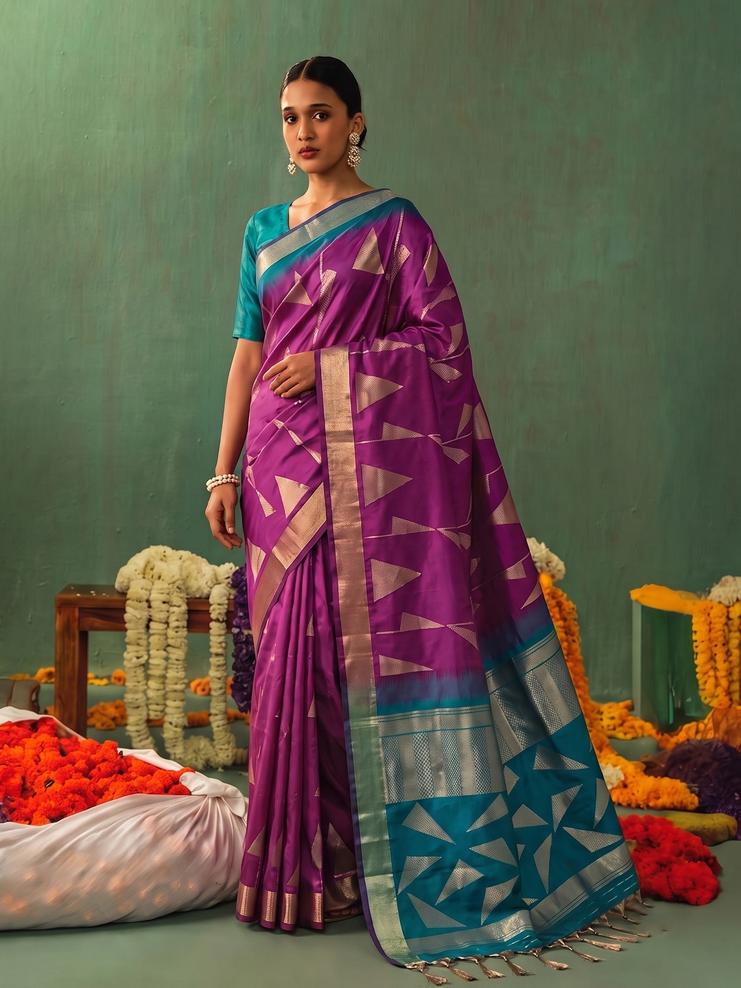 Wine Geometric Woven Zari Soft Silk Saree
