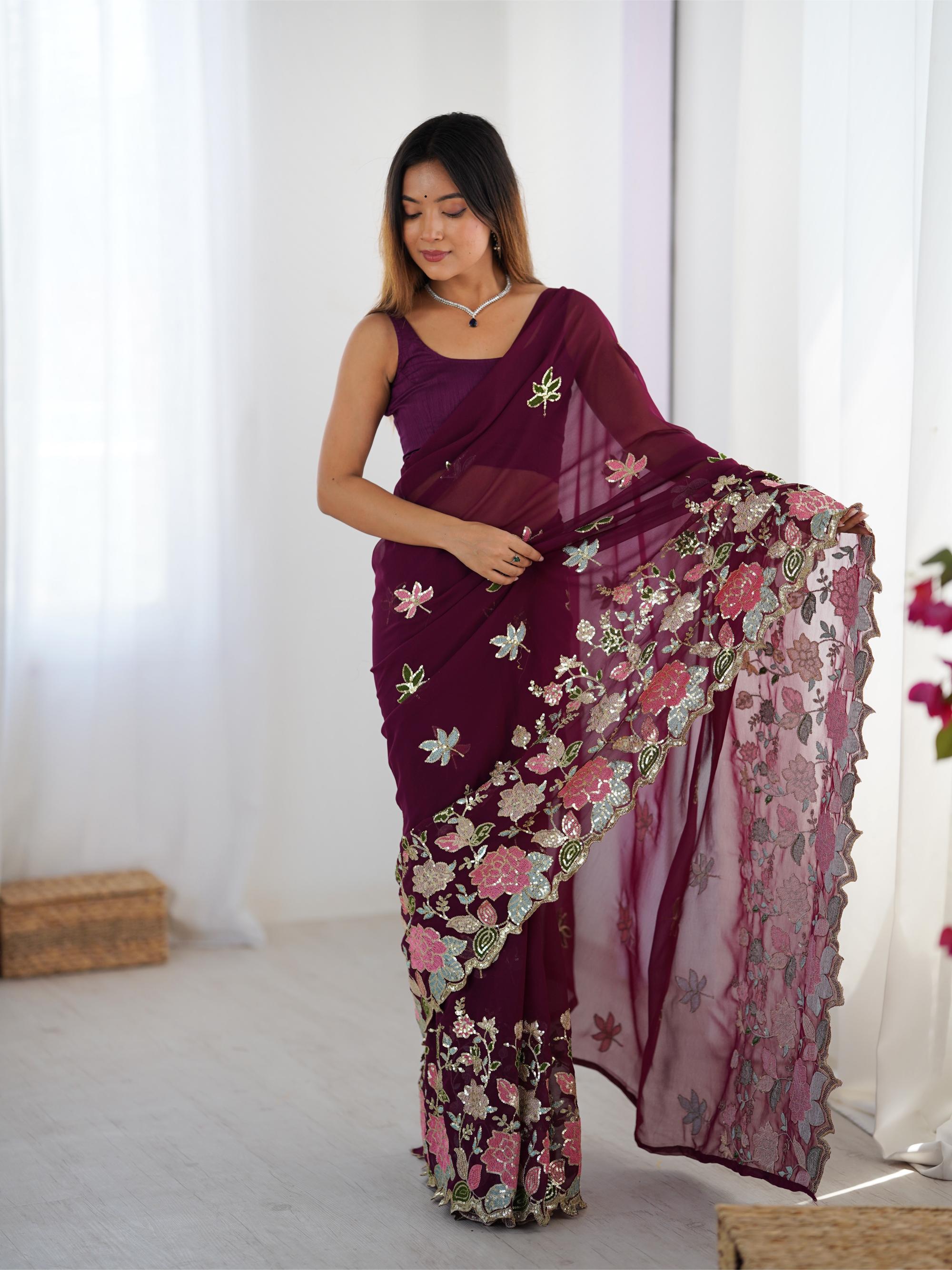 Wine Georgette Embroidered Saree