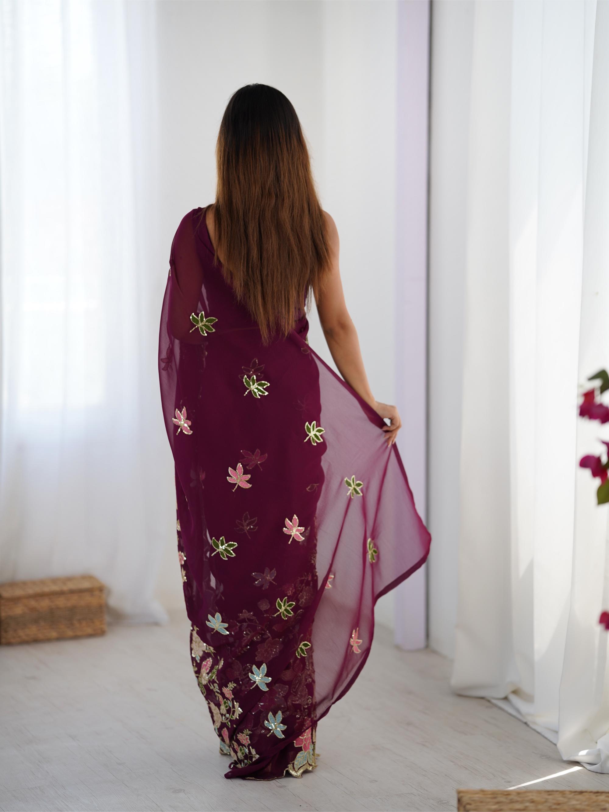Wine Georgette Embroidered Saree — alternate view