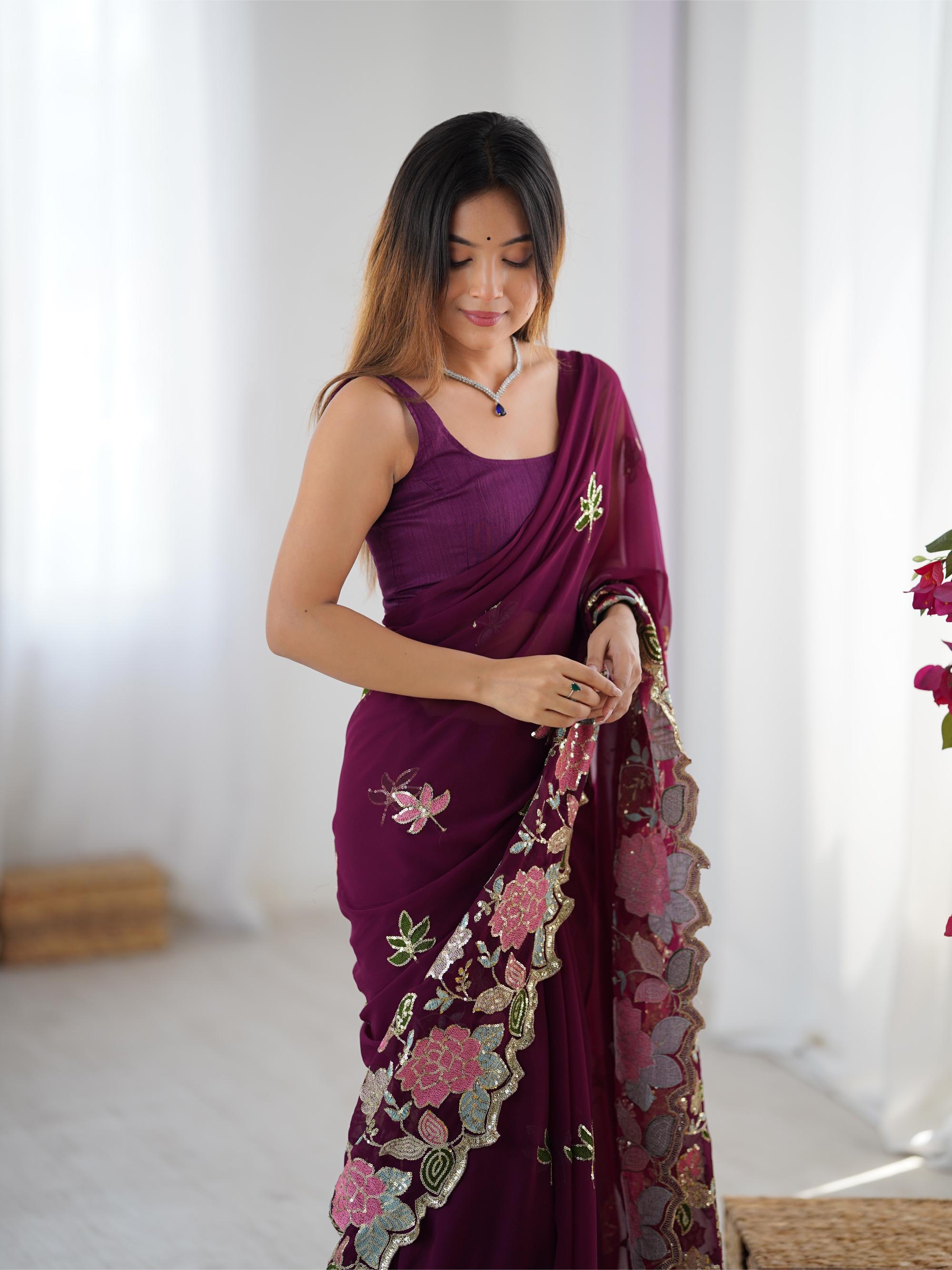 Wine Georgette Embroidered Saree