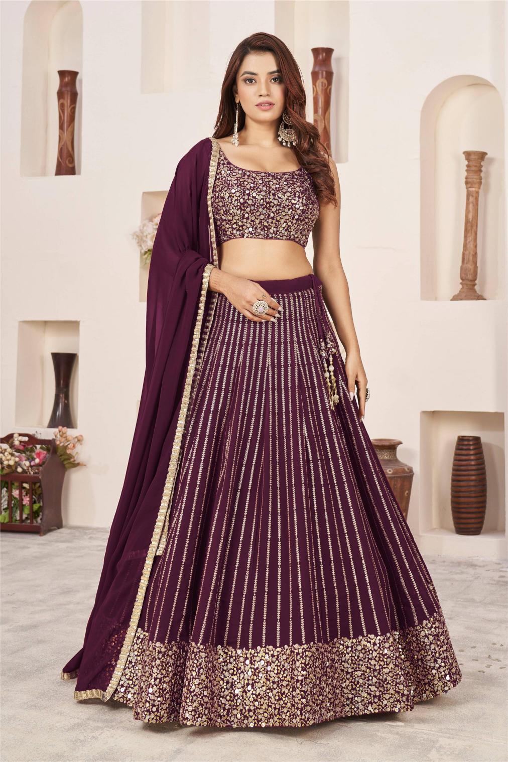 Wine Georgette Lehenga Choli With Dupatta