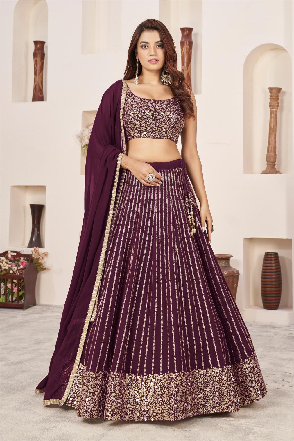 Wine Georgette Lehenga Choli With Dupatta