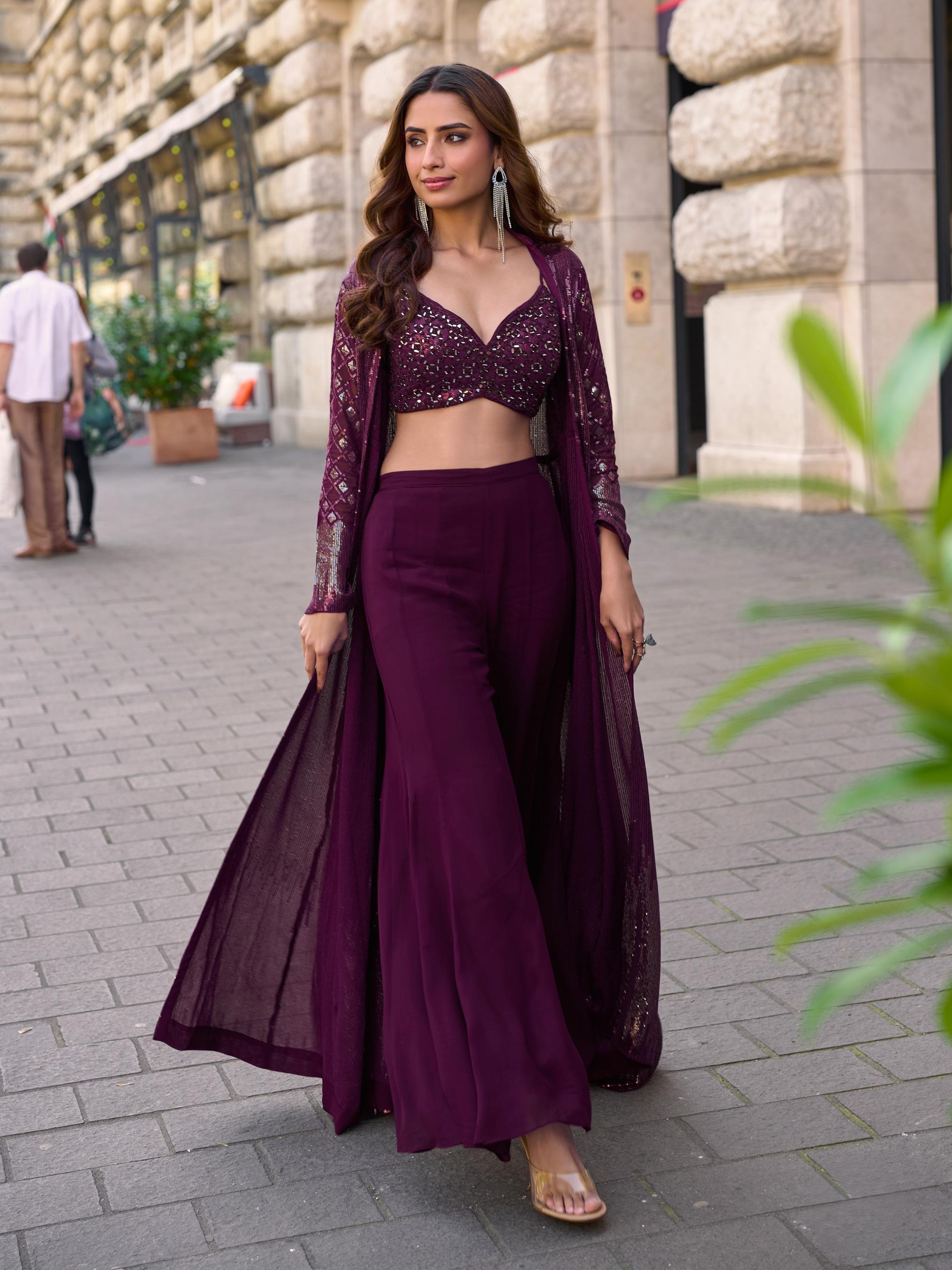 Wine Georgette Sequin Embroidered Indo-Western Jacket Palazzo Set