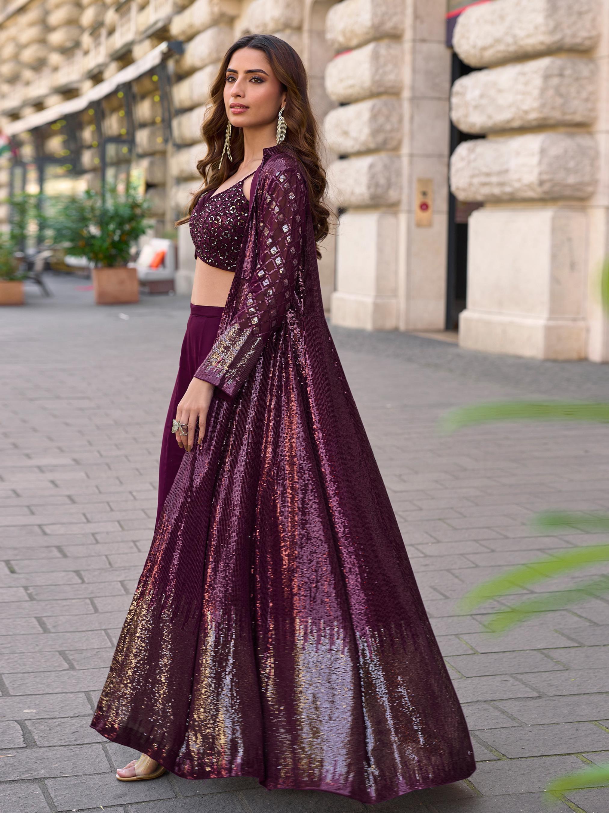 Wine Georgette Sequin Embroidered Indo-Western Jacket Palazzo Set — alternate view