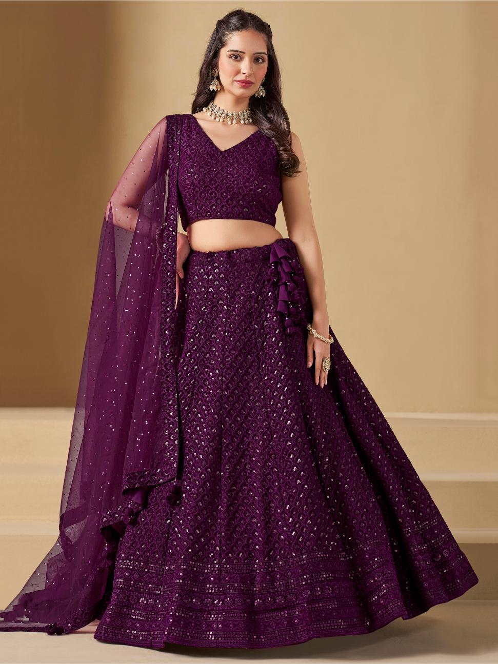 Wine Georgette Sequins Embroidered Lehenga Choli