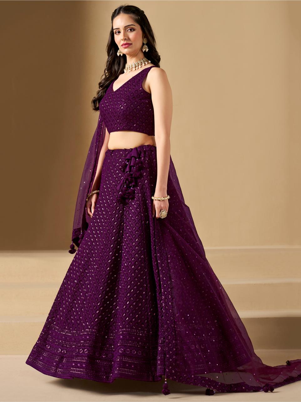 Wine Georgette Sequins Embroidered Lehenga Choli