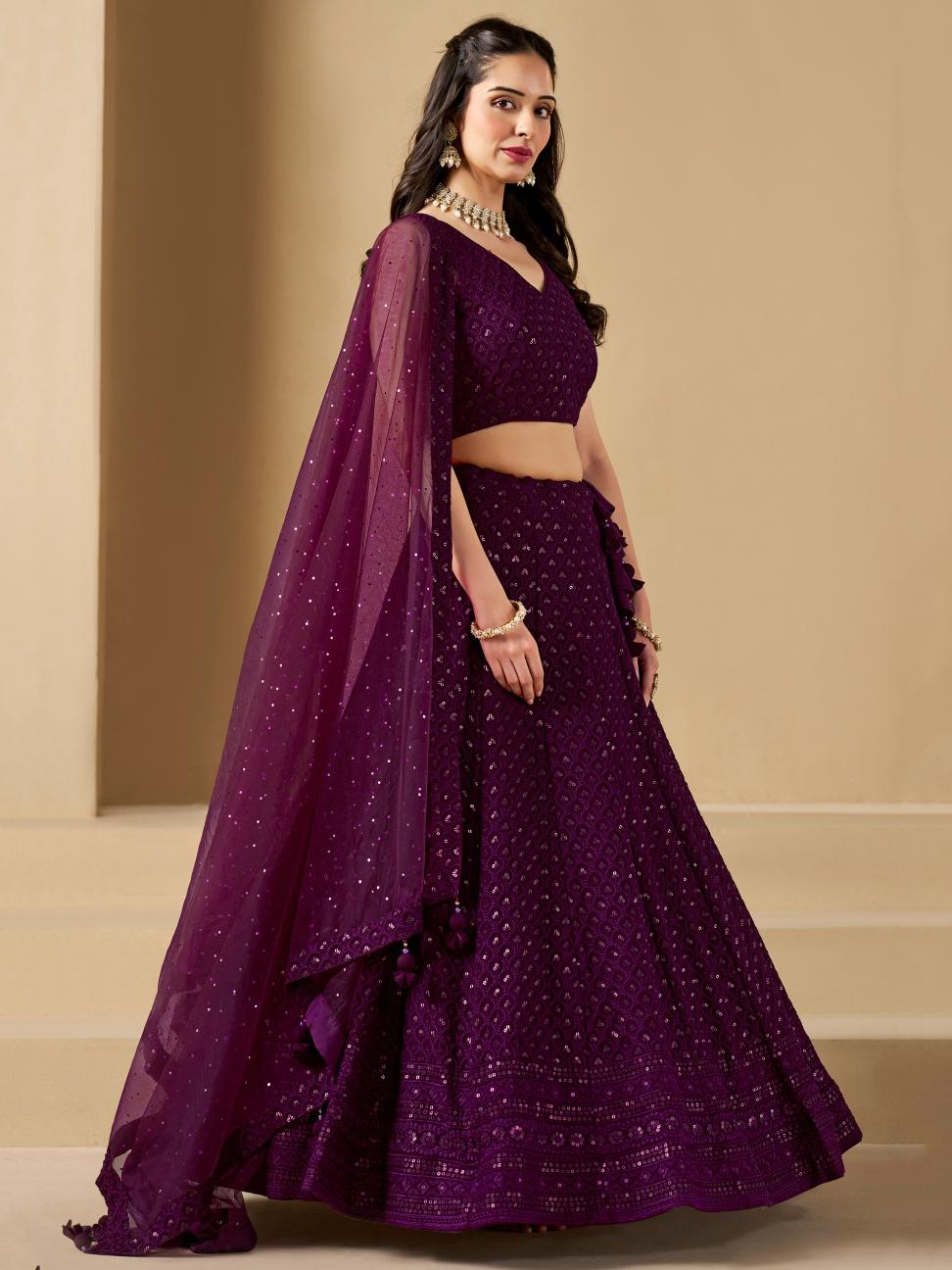 Wine Georgette Sequins Embroidered Lehenga Choli