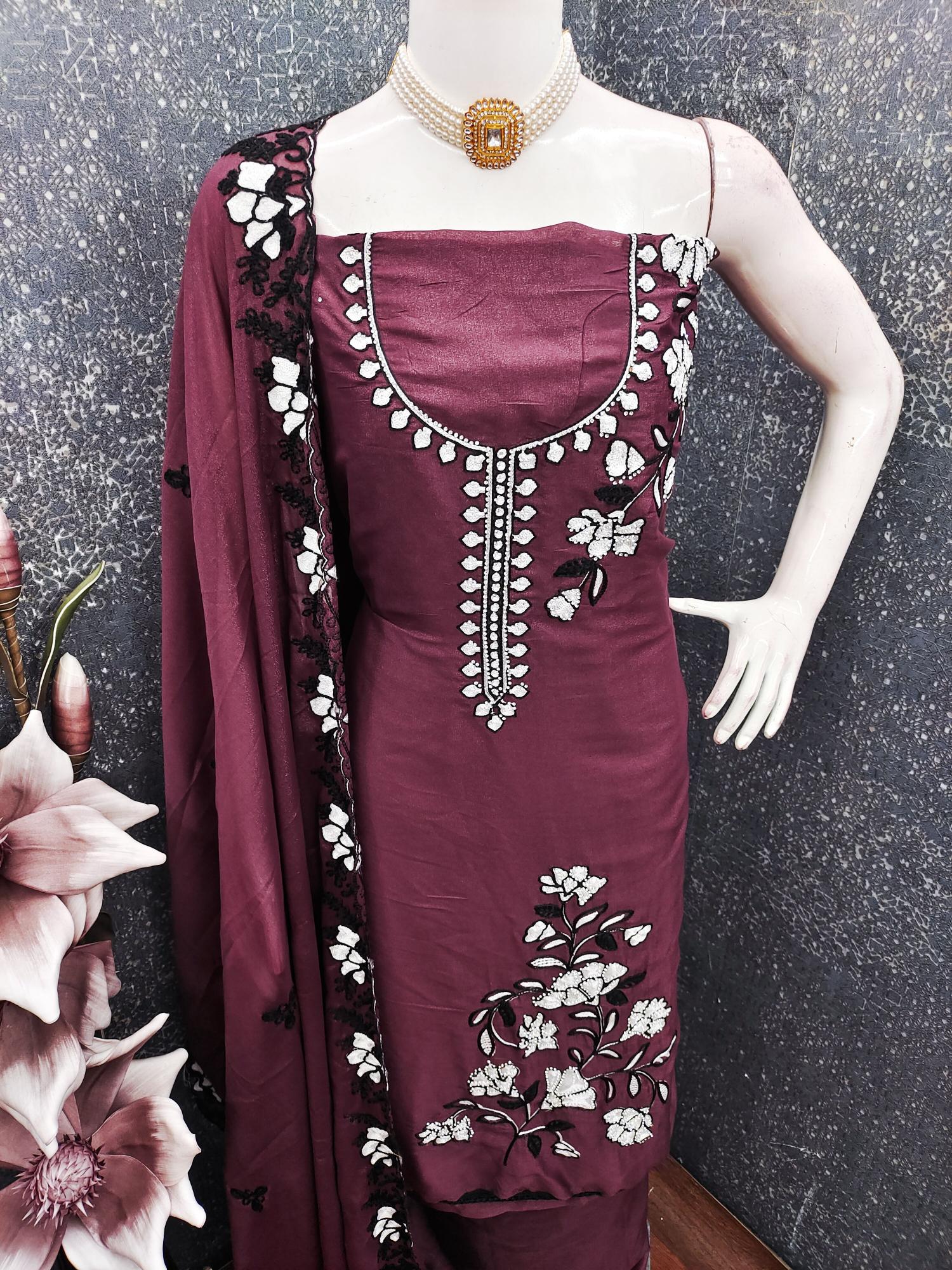 Wine Georgette Swarovski Embroidered Salwar Suit