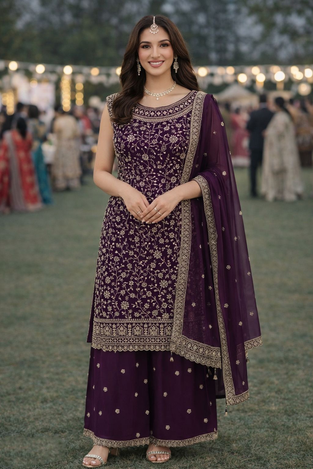 Wine Georgette Zardosi Embroidered Regal Palazzo Suit