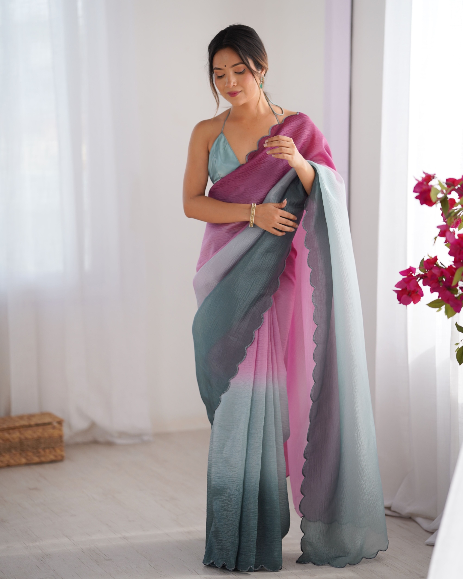 Wine-Grey Ombre Woven Crunchy Saree