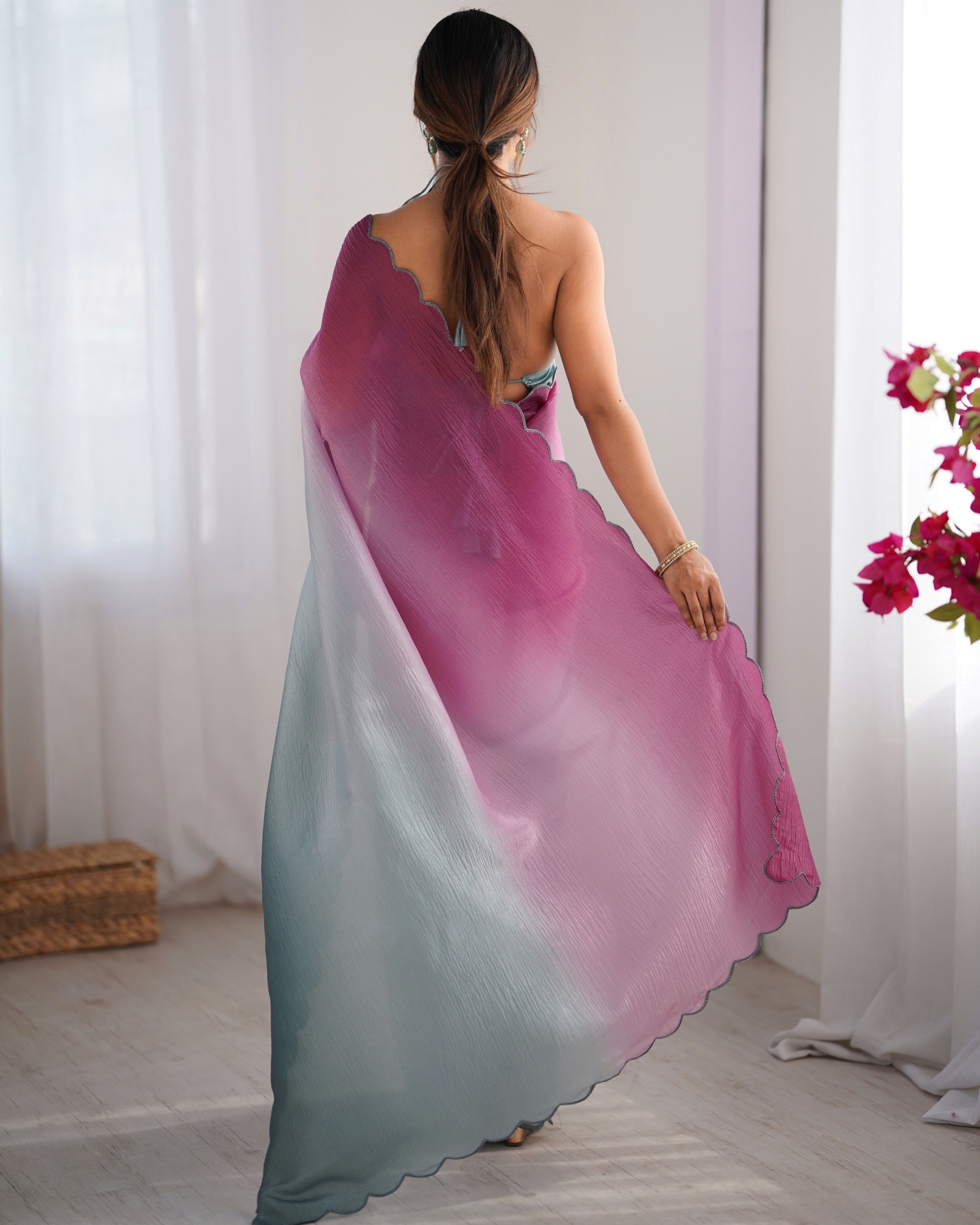Wine-Grey Ombre Woven Crunchy Saree — alternate view