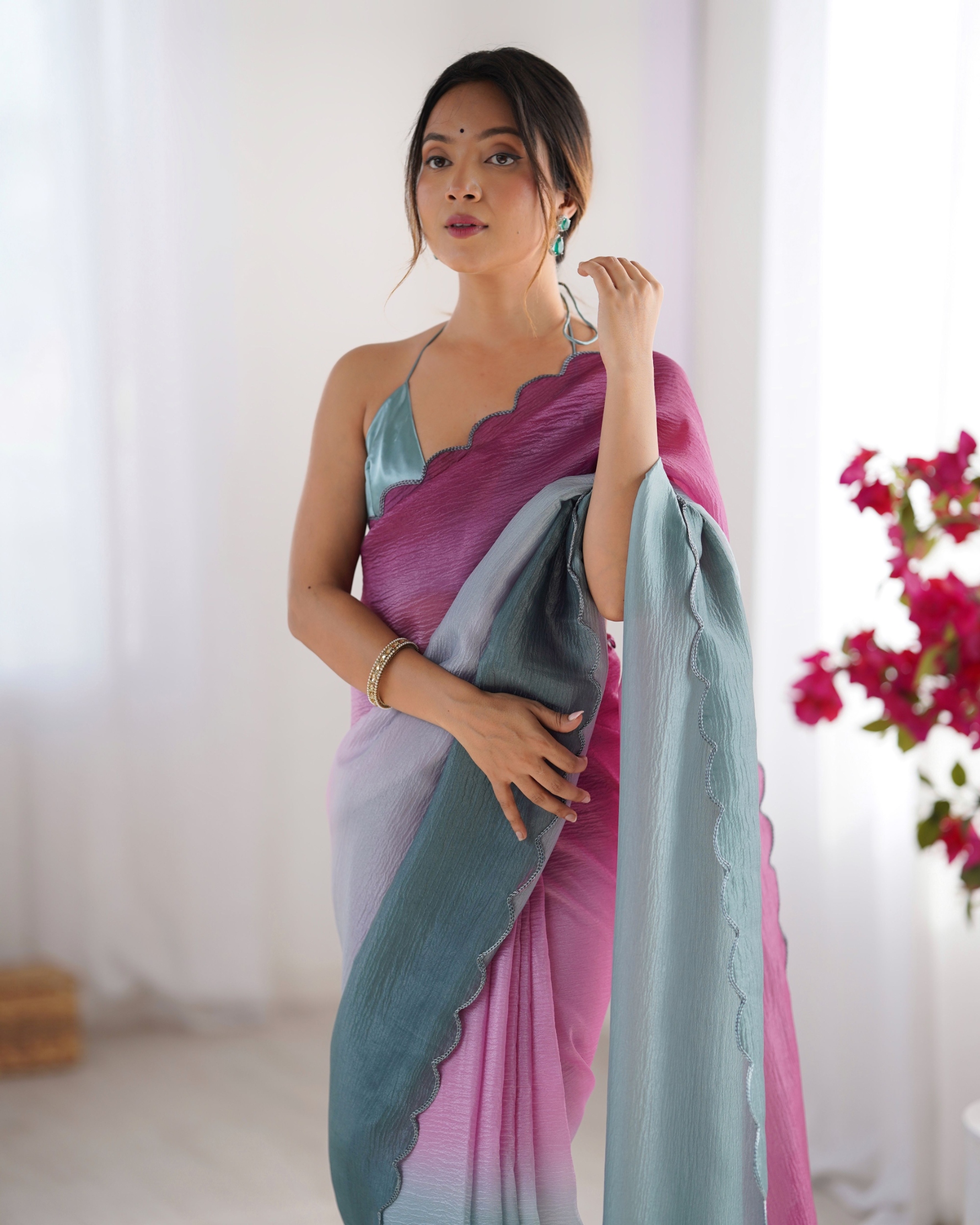Wine-Grey Ombre Woven Crunchy Saree