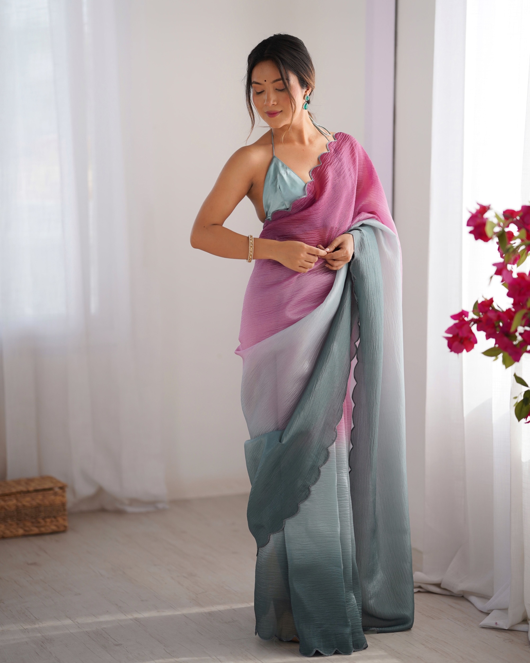 Wine-Grey Ombre Woven Crunchy Saree