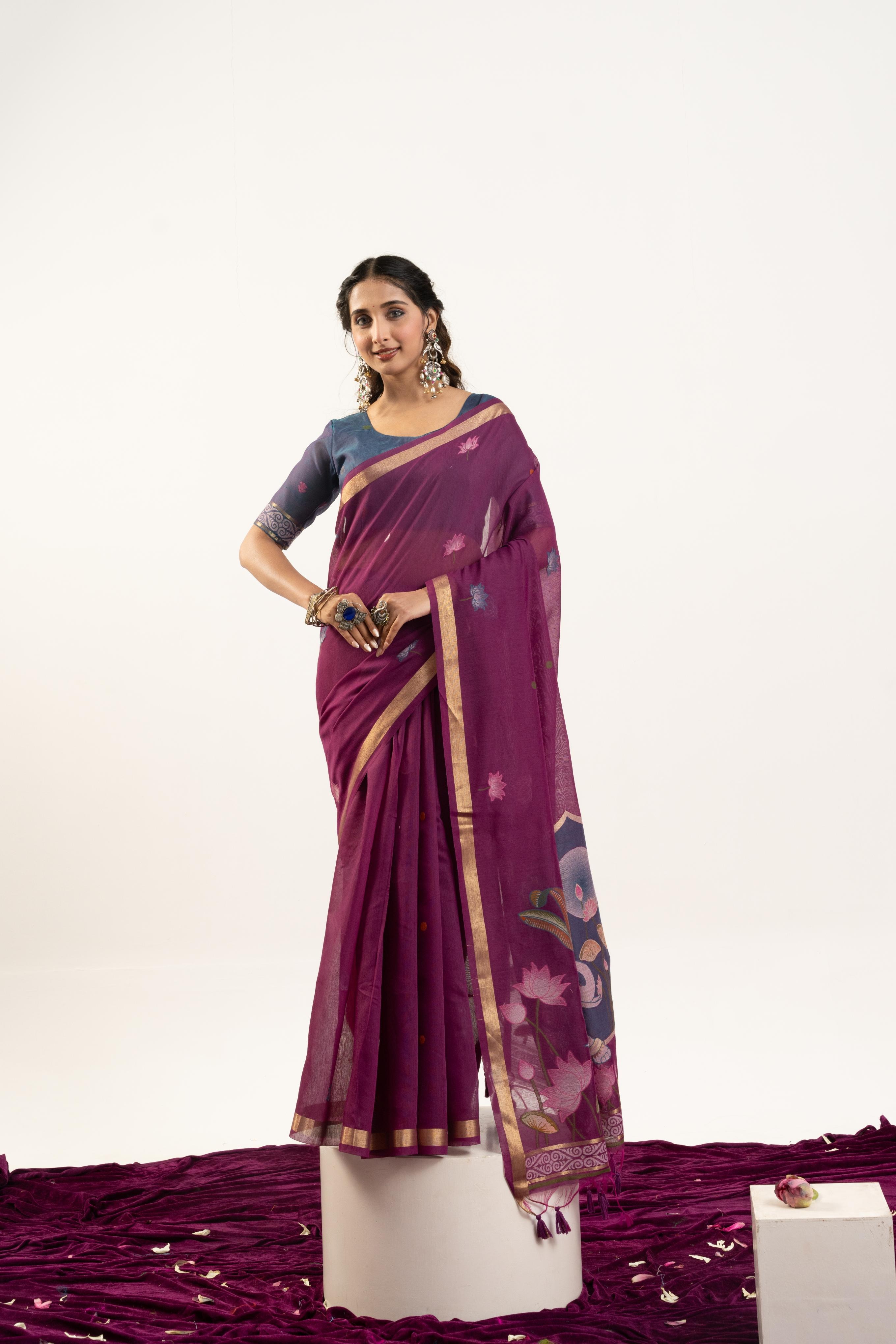Wine Grey Rajwadi Woven Muga Cotton Saree