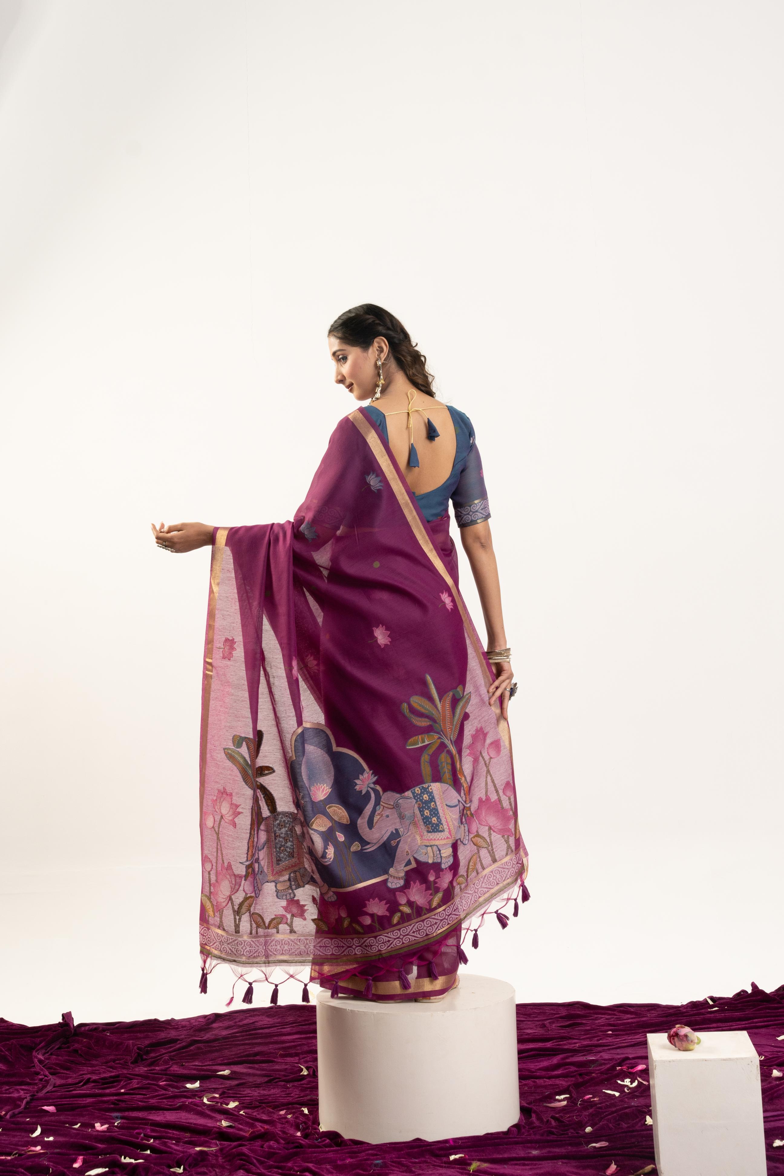 Wine Grey Rajwadi Woven Muga Cotton Saree — alternate view
